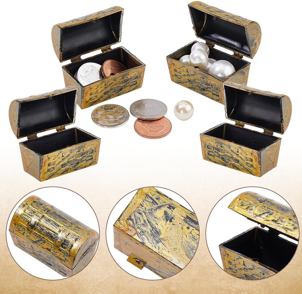 WADORN 50Pcs Mini Pirate Treasure Chest 1x1.5x0.9 in Vintage Pirate Jewelry Storage Box with Gold Finish Decorative Plastic Storage Box Party Favor Packs for prizes Halloween Birthday Party Props