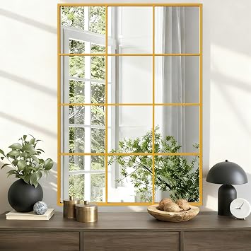 Window Mirrors for Wall Decor, Wall Mirror Decorative Window Pane 26"x18", Rectangular Metal Framed Wall Mounted Mirrors for Bedroom, Living Room, Entryway, Bathroom, Fireplace Gold