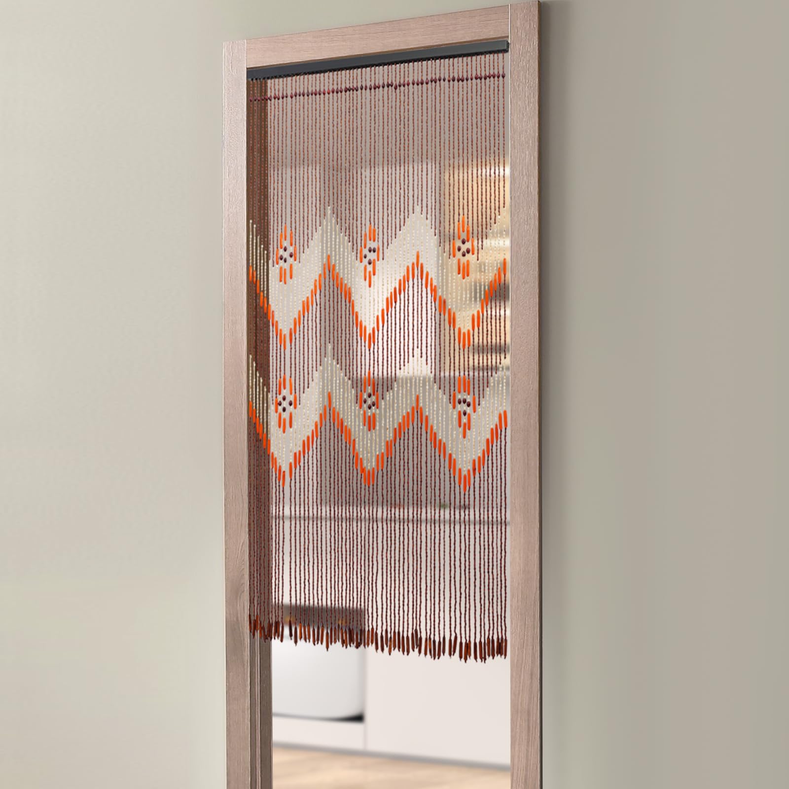 Rideau à perles en bois, 90 x 130 cm, 60 brins, couleur café, rideau de porte décoratif avec motif dentelé, séparateur de pièce, rideau de porte pour mariage, café, restaurant