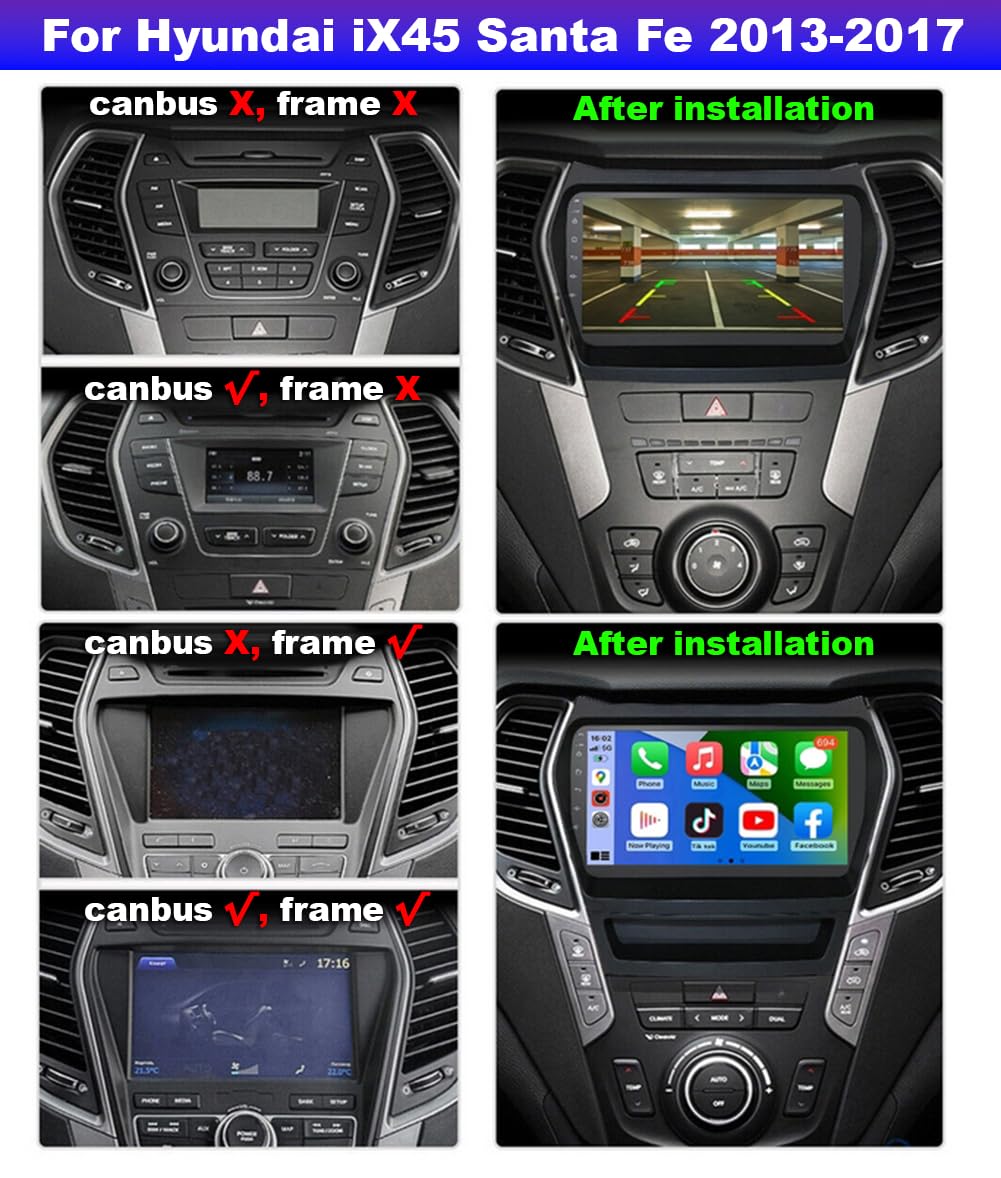 2+32G Car Stereo for Hyundai IX45 Santa Fe Sport XL 2013-2018 with Wireless Carplay & Android Auto, 9 inch Car Radio with Mirror Link Bluetooth WiFi GPS Navigation Backup Camera