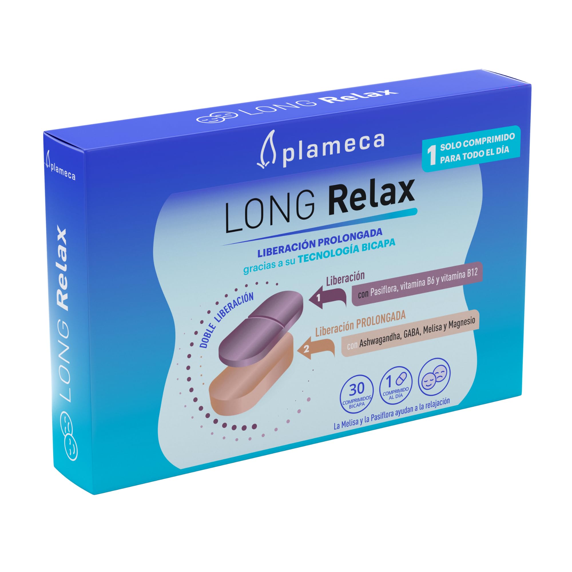Plameca Long Relax - Fórmula Natural con Ashwagandha, Melisa, Pasiflora, Gaba, Magnesio, Vitamina B6 y B12 - Relax y Tranquilidad - 1 Solo Comprimido para Todo el Día - 30 Comprimidos
