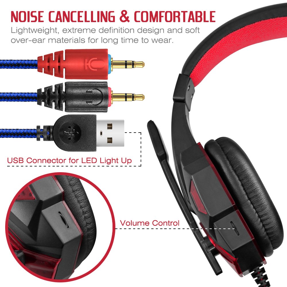 Gaming Headset con microfono e LED Light per laptop, portatile, PS4 e il nuovo Xbox One, DLAND 3.5mm Wired Noise Isolamento Gaming Headphones - Controllo del Volume (Nero e Rosso).
