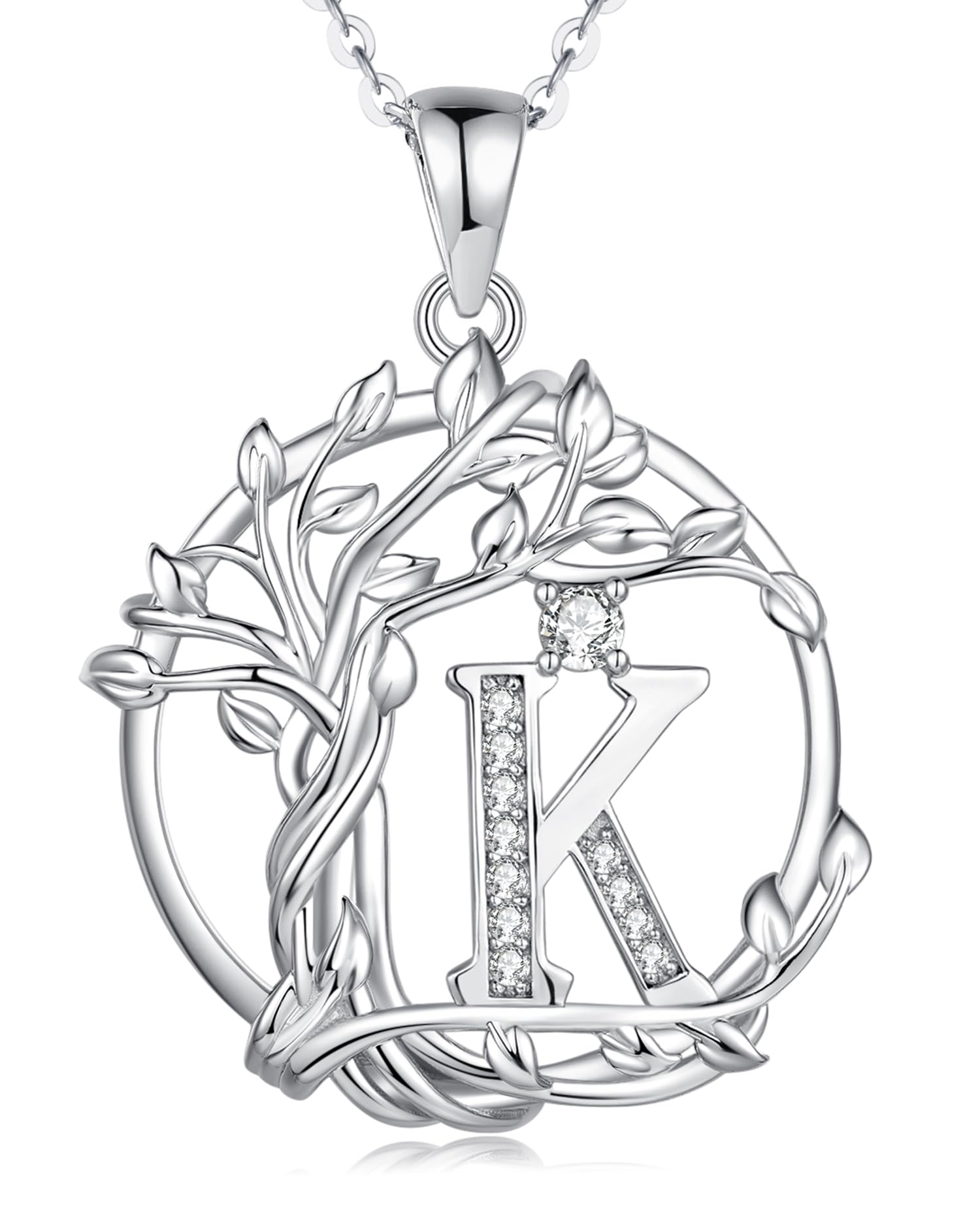 FANCIME Tree of life Initial necklaces for women, Sterling Silver Tree Jewelry Simulated Diamond Letter Pendant Cubic Zirconia CZ Personalized