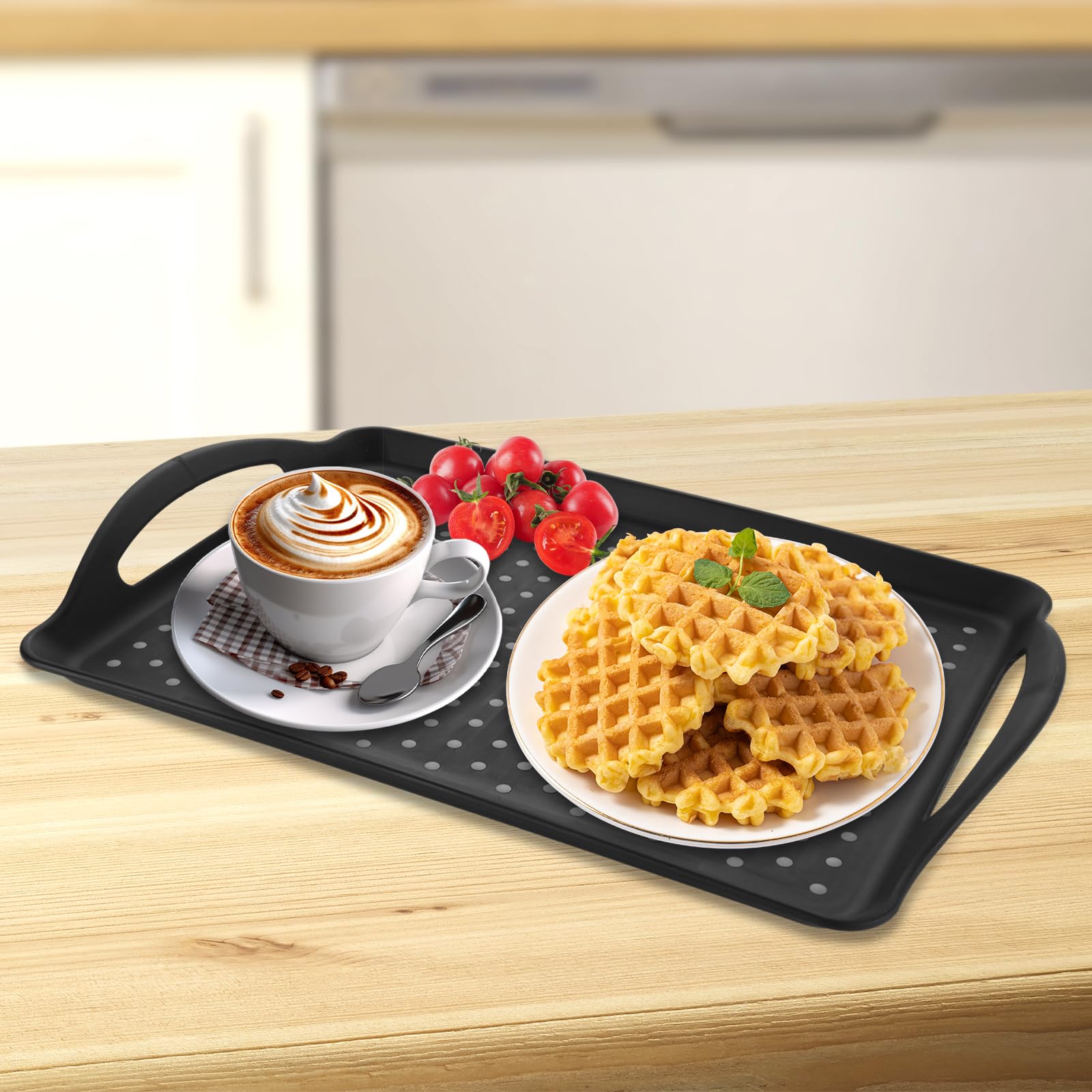 4 x rutschfeste Serviertabletts mit Griffen, 41,9 cm, rechteckig, rutschfest, spülmaschinenfest, für Snacks, Obst, Dessert, Frühstück, Getränke, Schwarz