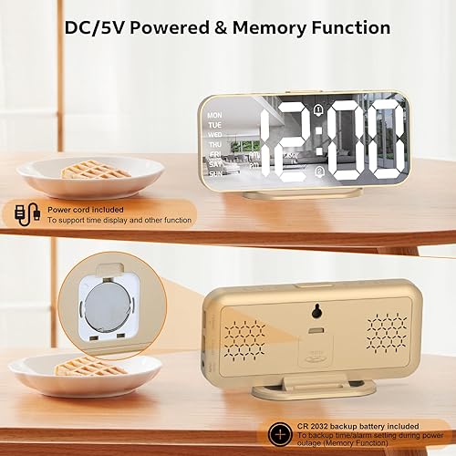 Miniatura 5 de Relojes despertadores para dormitorios, reloj despertador digital delgado con espejo LED, pantalla grande con modo de atenuación, alarmas dobles y