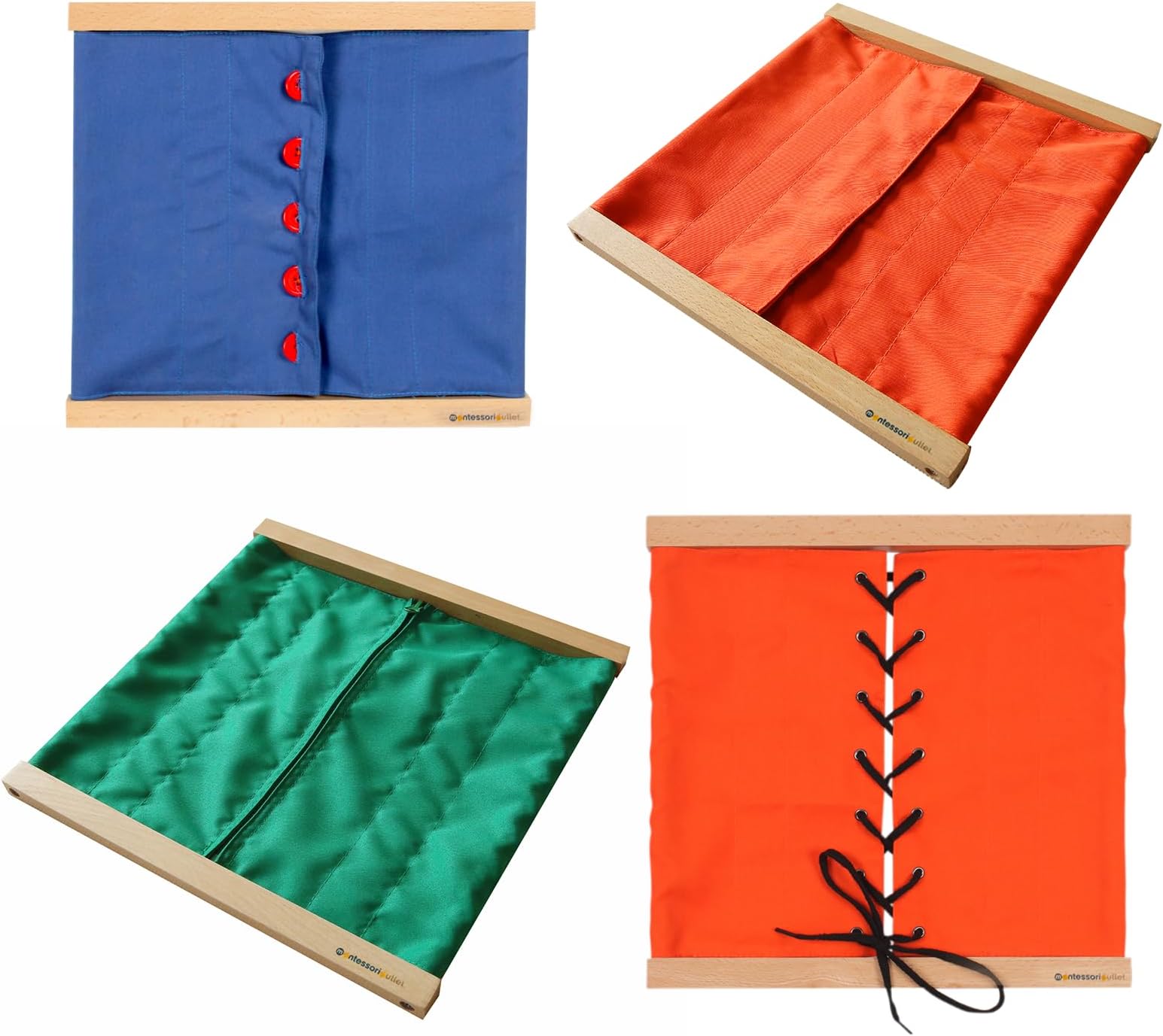 Montessori Practical Life Dressing Frames Set – Button, Zipper, Buckle & Snap Frames (4-Pack) | Fine Motor Skills Learning Toys for Toddlers & Preschool Kids | Montessori Materials for Independence &