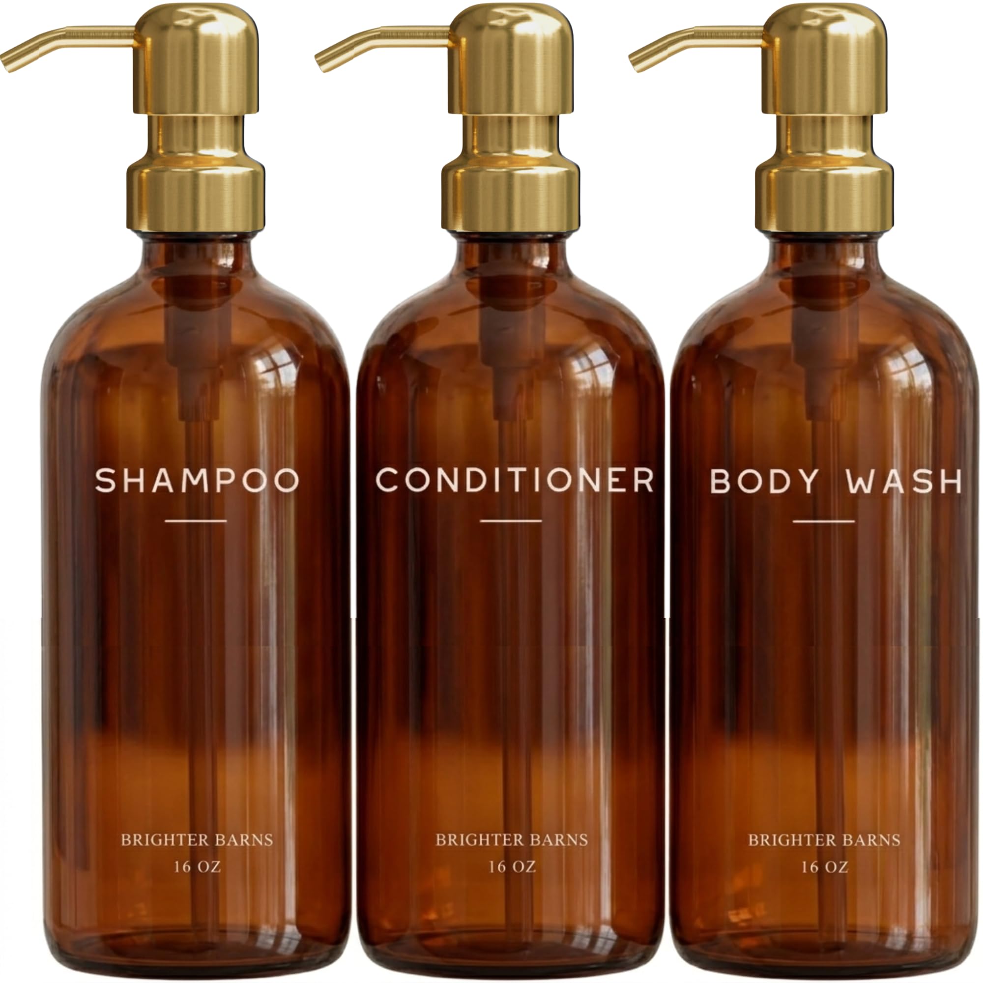 Luxury Shampoo and Conditioner Dispenser Set by Brighter Barns - Empty Shampoo Bottles Refillable with Gold Pump - Plastic Shower Soap Dispenser for Modern Bathroom Decor in Airbnb, Spa (Amber Gold)