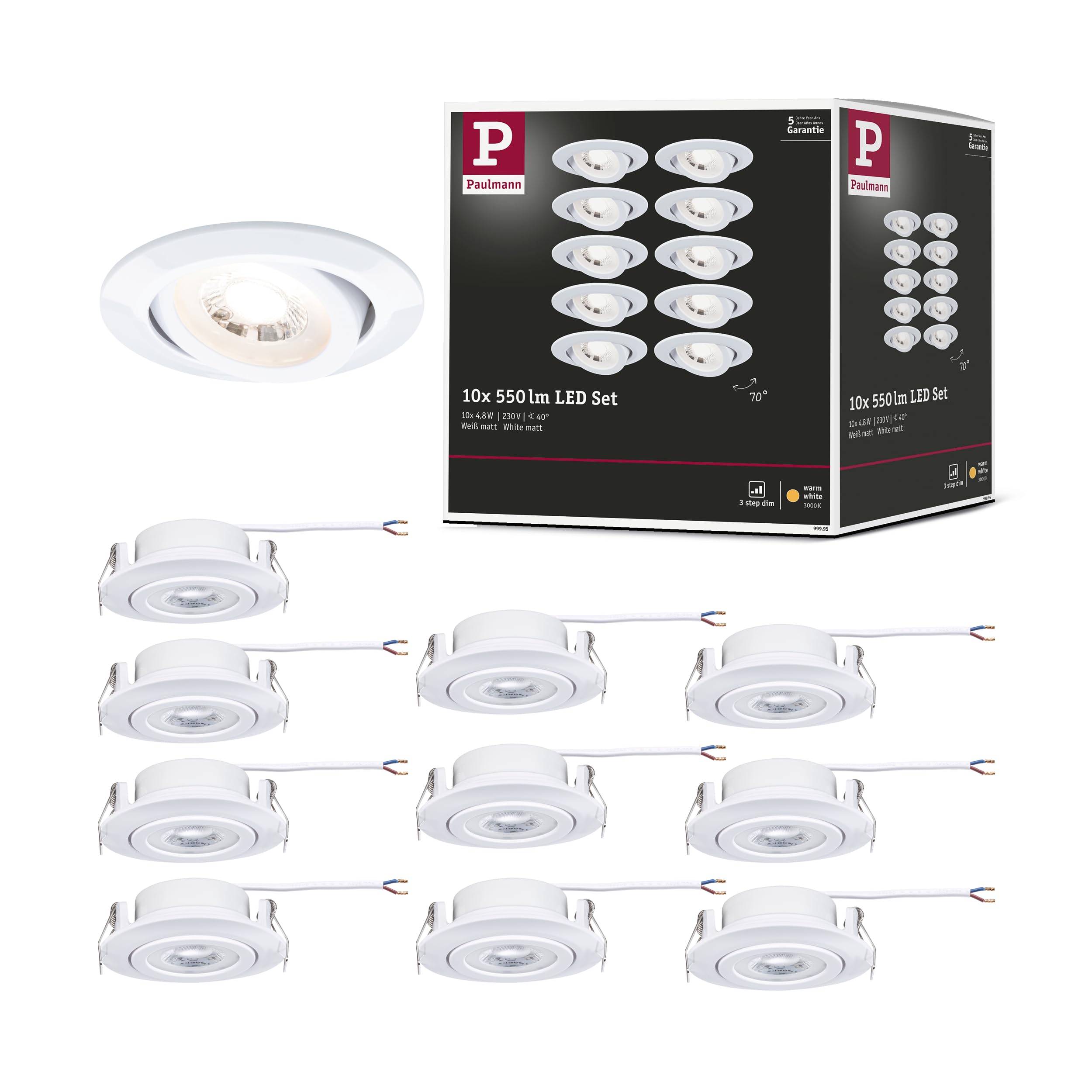 Paulmann 99995 Reflektory wpuszczane LED 3-stopniowe opakowanie 10 szt. obrotowe 82 mm 70° 10x4,8W 10x450lm 230 V 3000 K matowe białe, 48 W, zestaw 10 szt
