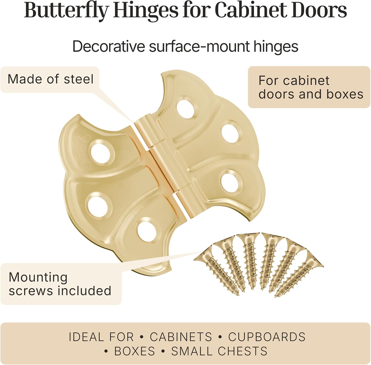 Polished Brass Butterfly Hinges - 2" x 1-7/16" - Pack of 2 - Surface Mount Hinges for Cabinet Doors and Boxes - UA-262-HPB (1)