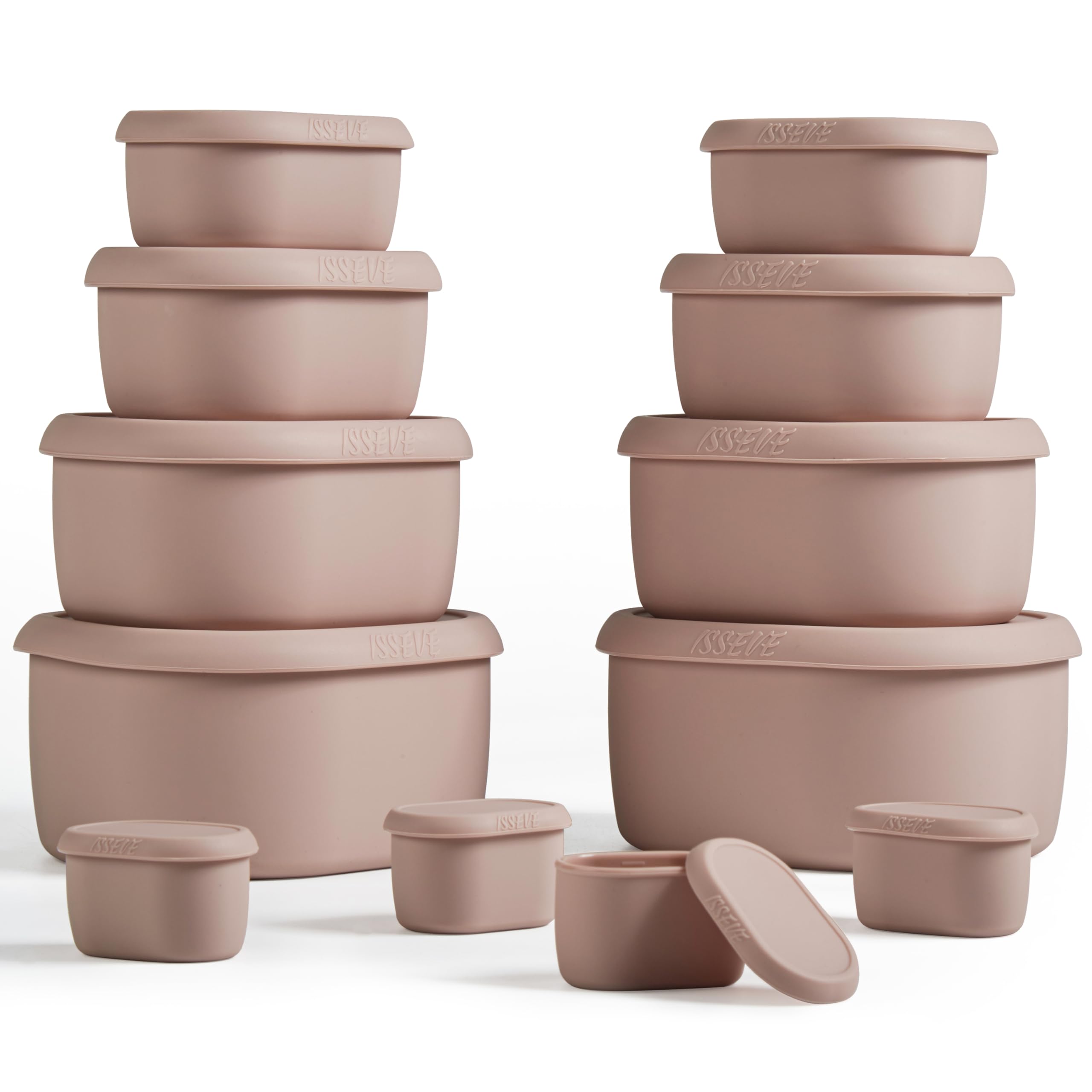 ISSEVE Set di 12 contenitori per alimenti in silicone con coperchi, senza BPA, riutilizzabili, ermetici, lavabili in lavastoviglie (958,2 g, 567 g, 283,5 g, 190 g, 36,9 g) (rosa)