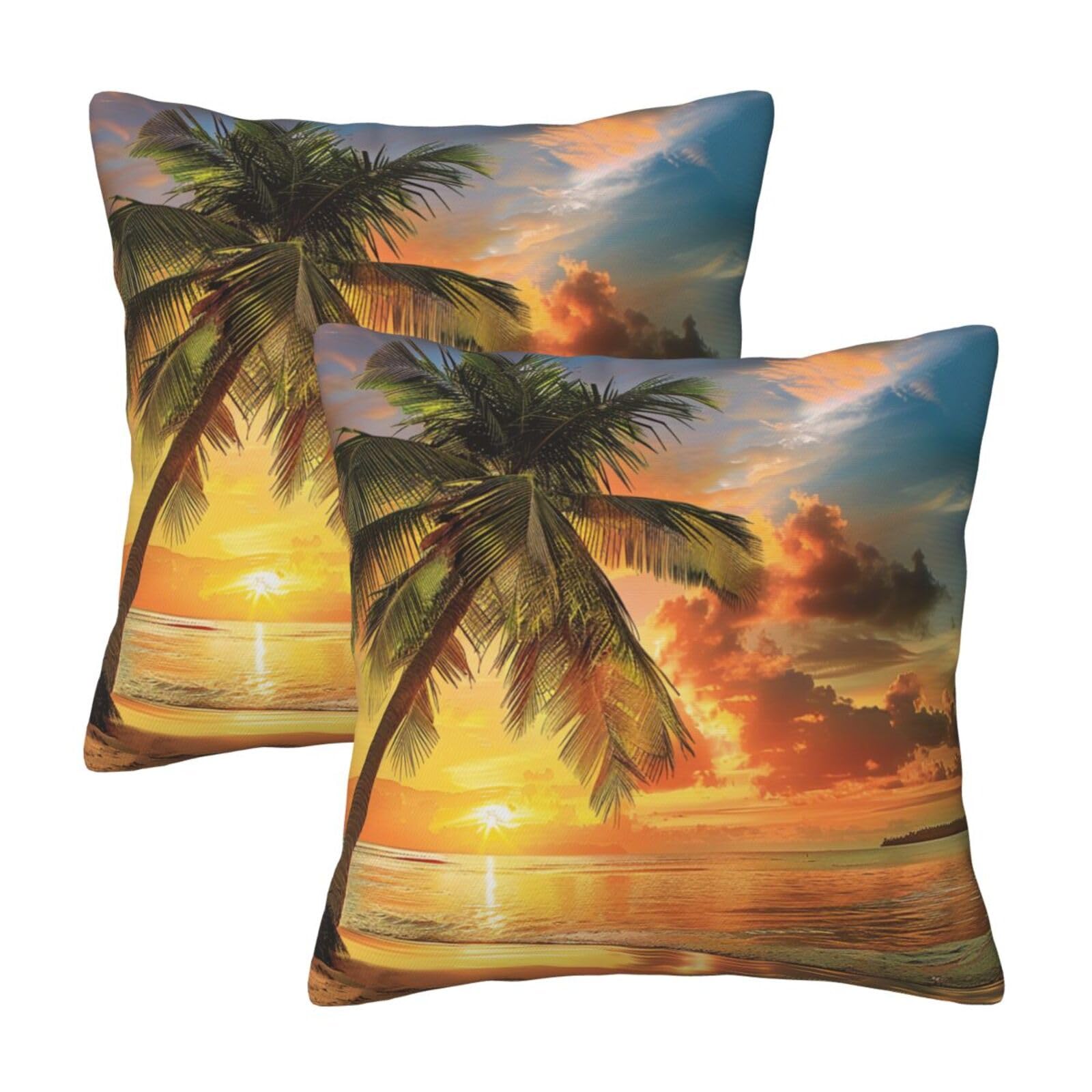 kkvhhyuo Tropical Beach Palm Tree Sunset Print Pillow Covers Set of 2, Square Decorative Cushion Covers with Hidden Zipper, Throw Pillow Cases for Living Room Sofa Bed Chair, 50x50 cm