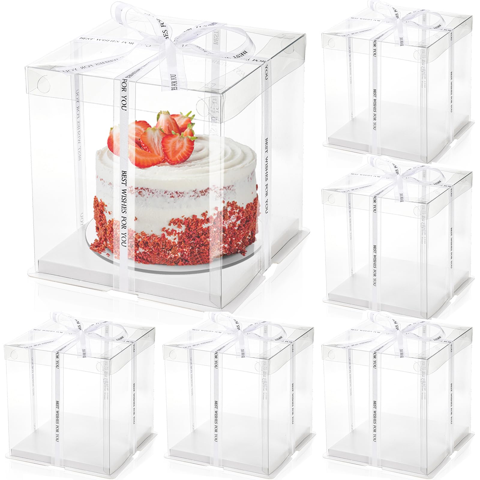 6 Pcs Clear Cake Box with Ribbon, 2-Layer Tall Cake Packaging Boxes 8x8x9 Inch, PET Cake Carrier Transport Container for Tiered Cakes, Transparent Gift Display Boxes with Lid for Birthday Party