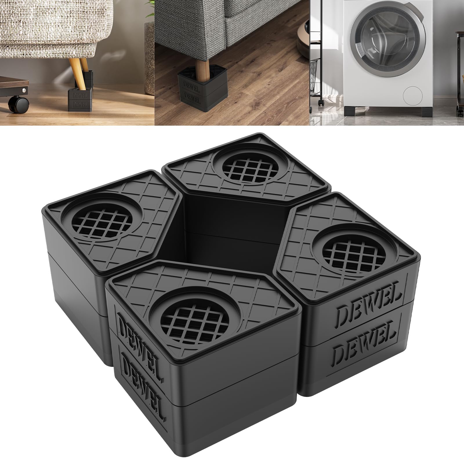 Anti Vibration Pads for Washing Machine. 4 Pack Washer and Dryer Pedestals High Hard Wearing Stackable Rubber Pads. Shock and Noise Cancelling for Washing Machine Foot Pads (Black)
