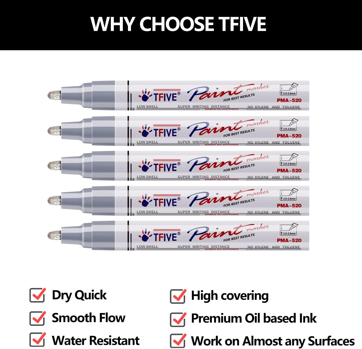 TFIVE Silver Paint Marker Paint Pens - 5 Pack Oil Based Permanent Marker Pen, Medium Tip, Waterproof & Quick Dry, for Office, Art projects, Rock Painting, Ceramic, Glass, Wood, Plastic, Metal, Canvas