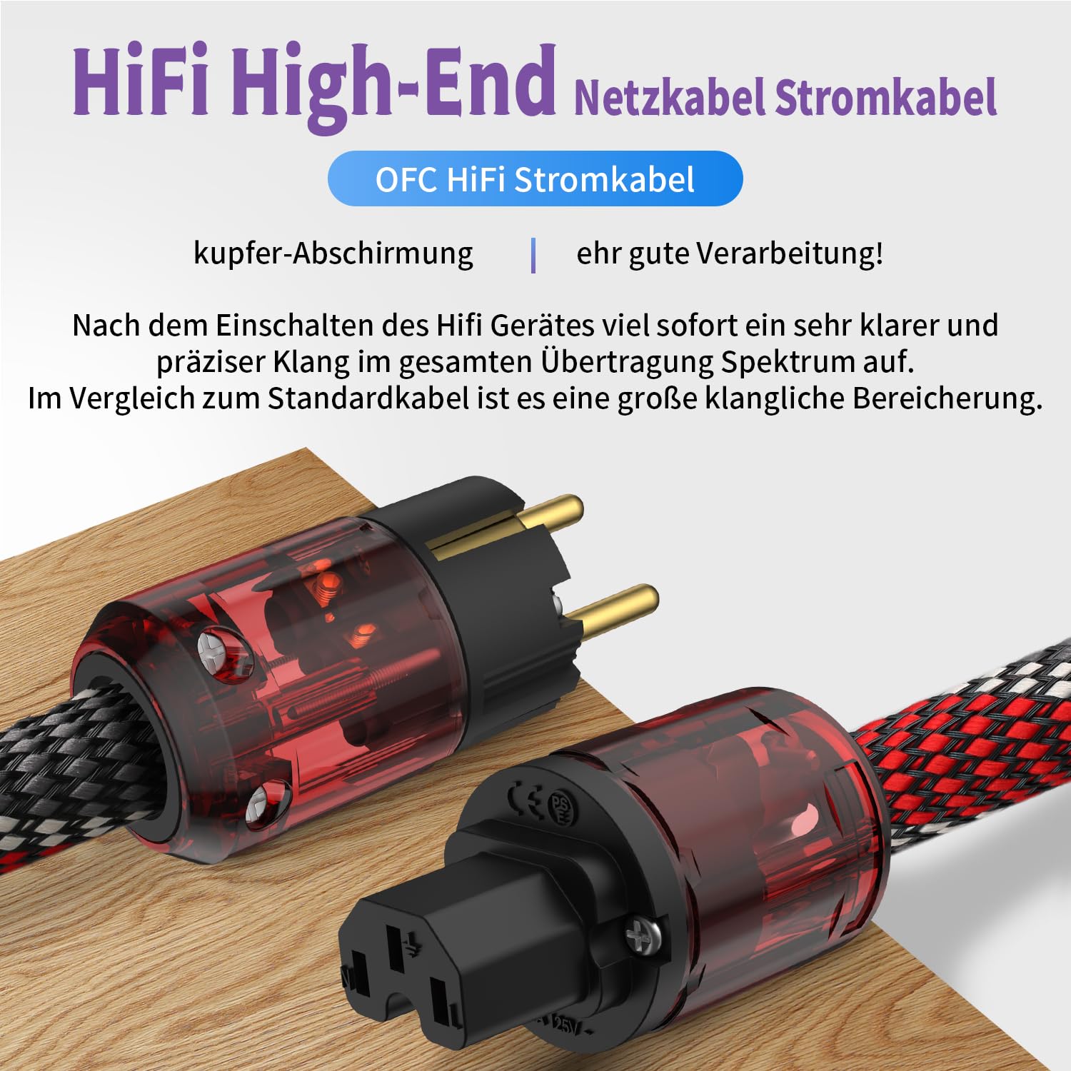 Cavo di alimentazione audiophile, HiFi, 125 V, 15 A, 10 AWG, con connettore IEC320-C15 e spina EU in rame rosso Cavo di alimentazione audiophile, HiFi, 125 V, 15 A, 10 AWG, con connettore IEC320-C15 e spina EU in rame rosso