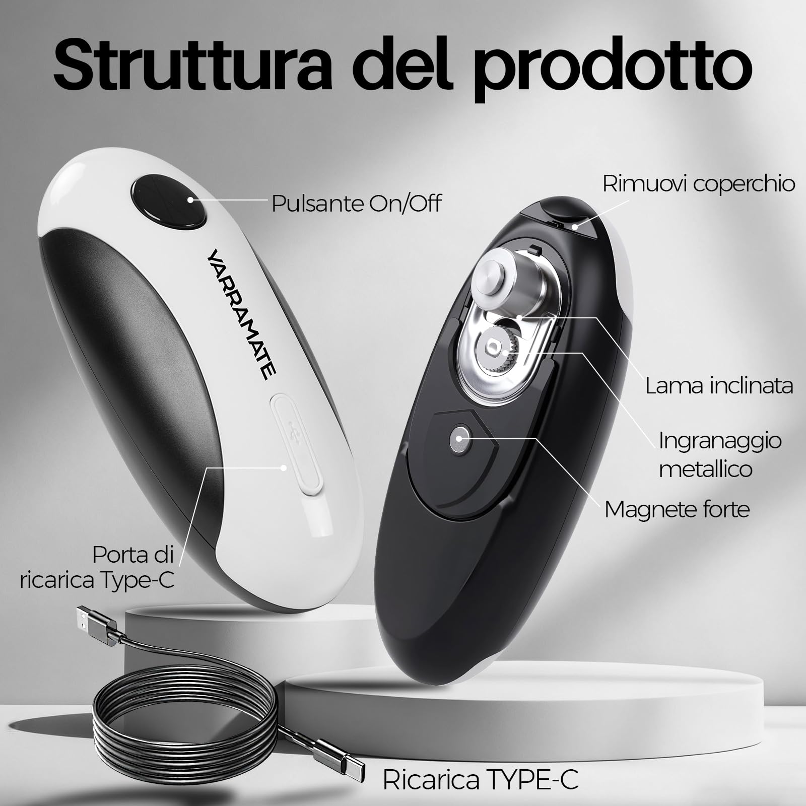 YARRAMATE Apriscatola elettrica ricaricabile – apriporta scatola di conservazione automatica a un tasto, bordo liscio, mani libere per anziani, con borsa portaoggetti, portatile da viaggio campeggio