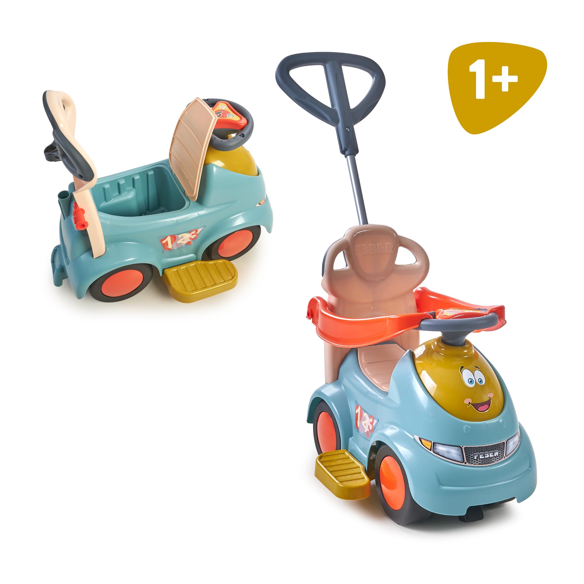 FEBER Motofeber Casual 3 in 1 Push N'Go, Correpasillo, Carrito de Empuje y Andador, Asa Regulable 3 Posiciones, Maletero para Juguetes, Reposapiés Cómodo, Uso Interior y Exterior, Famosa (FED31000)