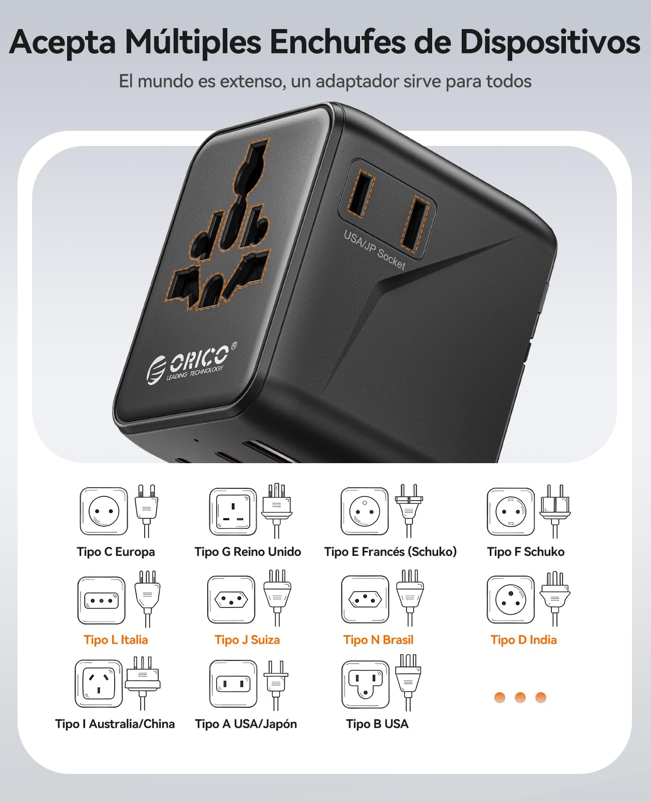 ORICO Kit de Viaje Completo: Regleta de Viaje (Negra) y Adaptador de Enchufe Universal - Solución de Carga 2 en 1 con 2 Tomas y 5 Puertos USB (PD 20W), Compacto para Equipaje