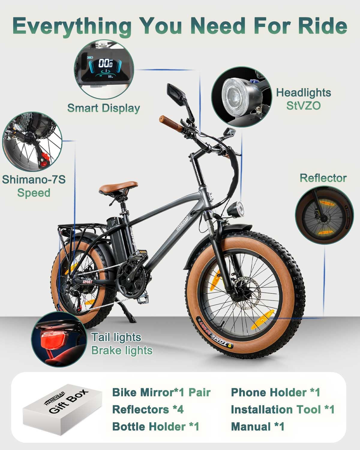HANEVEAR Vélo Électrique Homme, 20"x4.0" Fat Tire VTT Électrique Adulte, 18Ah 48V E-Bike Batterie Amovible, Moteur De 250W & 80N.m, Autonomie 80-120KM, Vélo Électrique Adulte