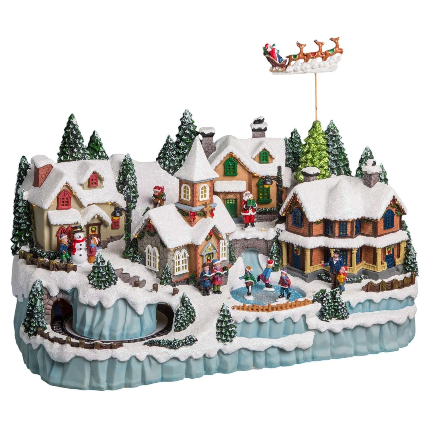 FEERIC Christmas - Village de Noël Lumineux et animé avec Train Enfants sur patinoire et Père Noël sur Son traîneau