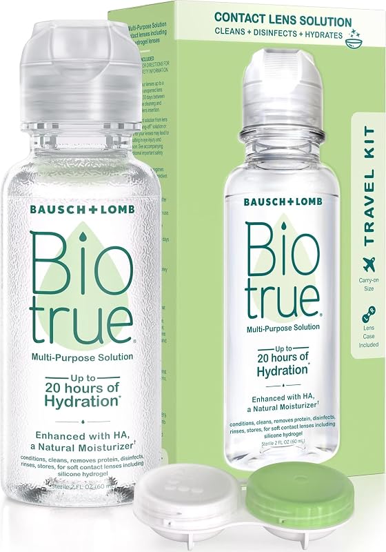 Biotrue Multi-Purpose Contact Lens Solution with Lens Case, 2 Fl Oz | Travel-size contact solution, cleans, disinfects, hydrates, protein removal, includes lens case