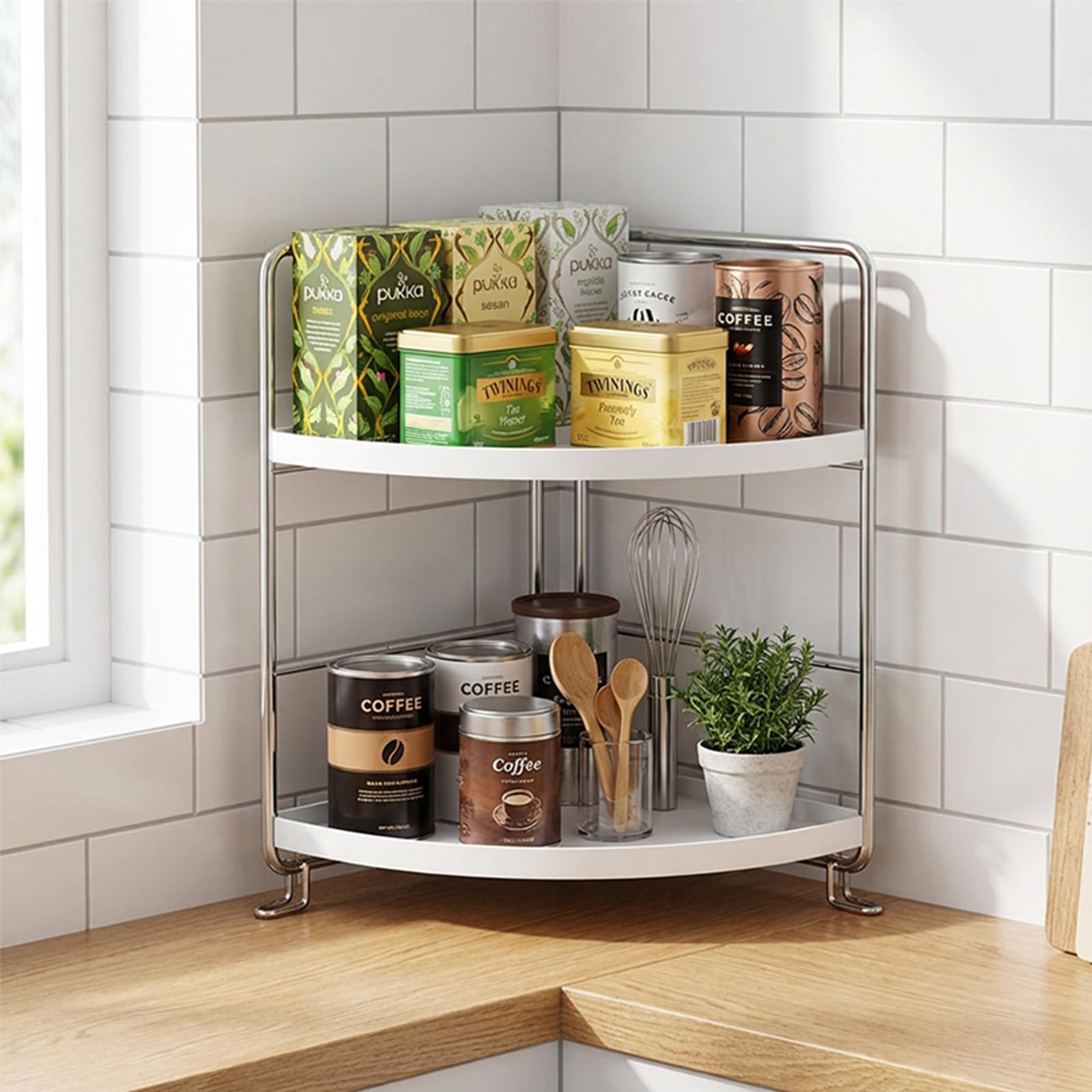 Hoekrek, keukenrek, rek, kruidenrek, 3 niveaus van bamboe met haken, voor keuken, kantoor, woonkamer, werkkamer, zwart