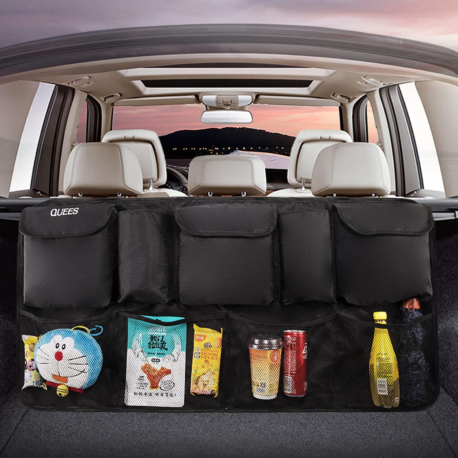 QUEES Car Trunk Backseat Organizer, Trunk Hanging Organizers Storage with Lids, Upgrade Super Capacity for SUV - Collapsible Compartment Pocket Mesh Space Saving, Black