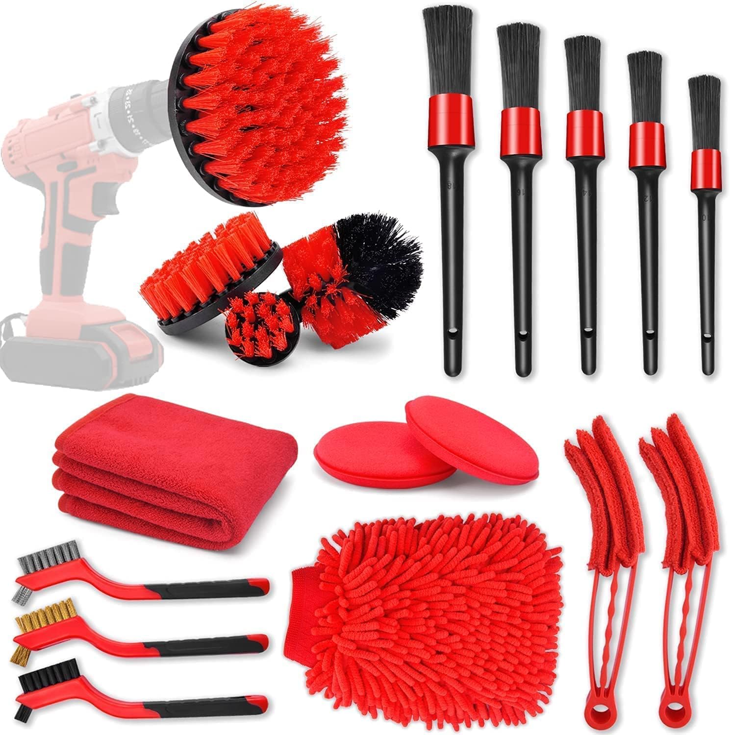18 Pcs Car Cleaning Tools Kit with Car Detailing Brush Set,Auto Detailing Drill Brush Set,Car Cleaning Kit for Cleaning Wheels,Dashboard,Interior,Exterior,Leather, Air Vents, Emblems