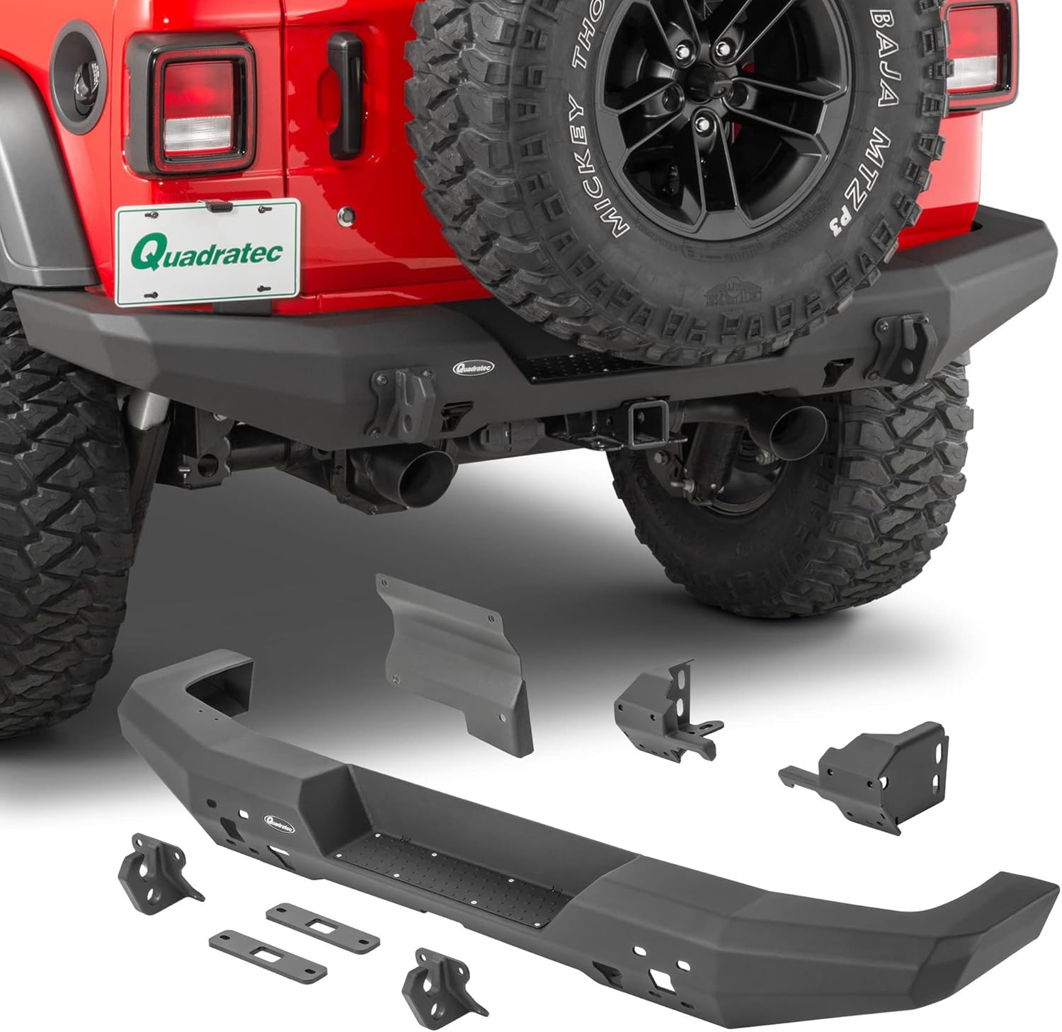 Quadratec Brute Strength Aluminum Rear Bumper - Fits Jeep Wrangler JL 2018-2022 - Lightweight Heavy Duty Design - Integrated License Plate Mount - Tow Hitch and D-Ring Compatible - Tapered Ends