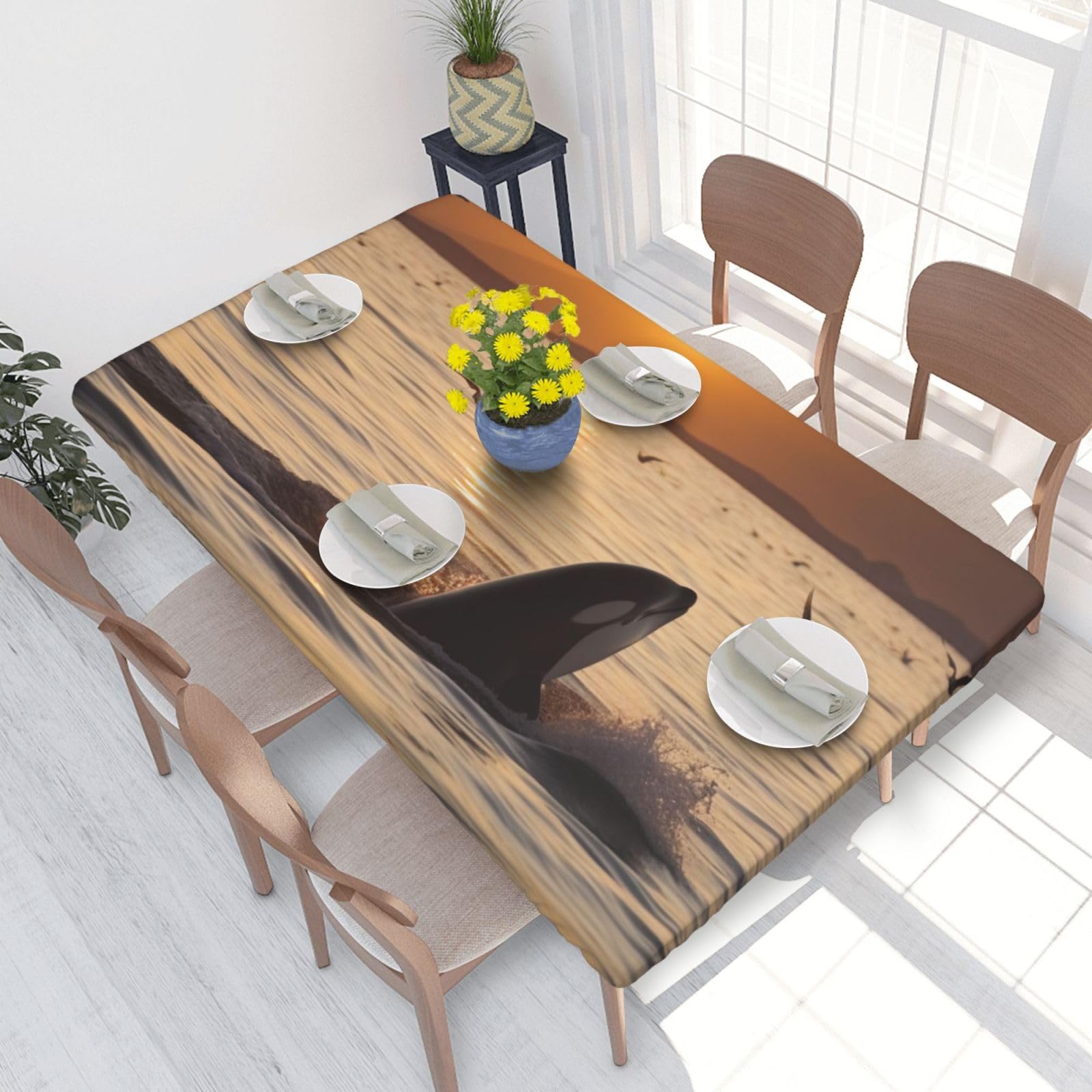 DCARSETCV Killer Whale Under Sunset Printed 4FT Waterproof Tablecloth with Elastic Edged Protect & Decor Your Table, Oil-proof Washable Table Cloth Cover for Dinner Picnic Party