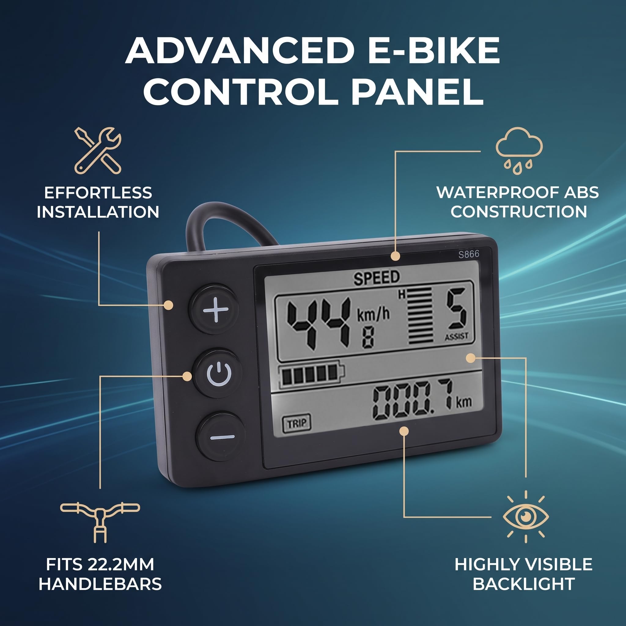 Wyświetlacz LCD do roweru elektrycznego, miernik wyświetlacza LCD, miernik wyświetlacza LCD S866, 24 V, 36 V, 48 V, panel sterowania, wodoodporna wtyczka, wyświetlacz LCD do skutera, roweru, rowerów