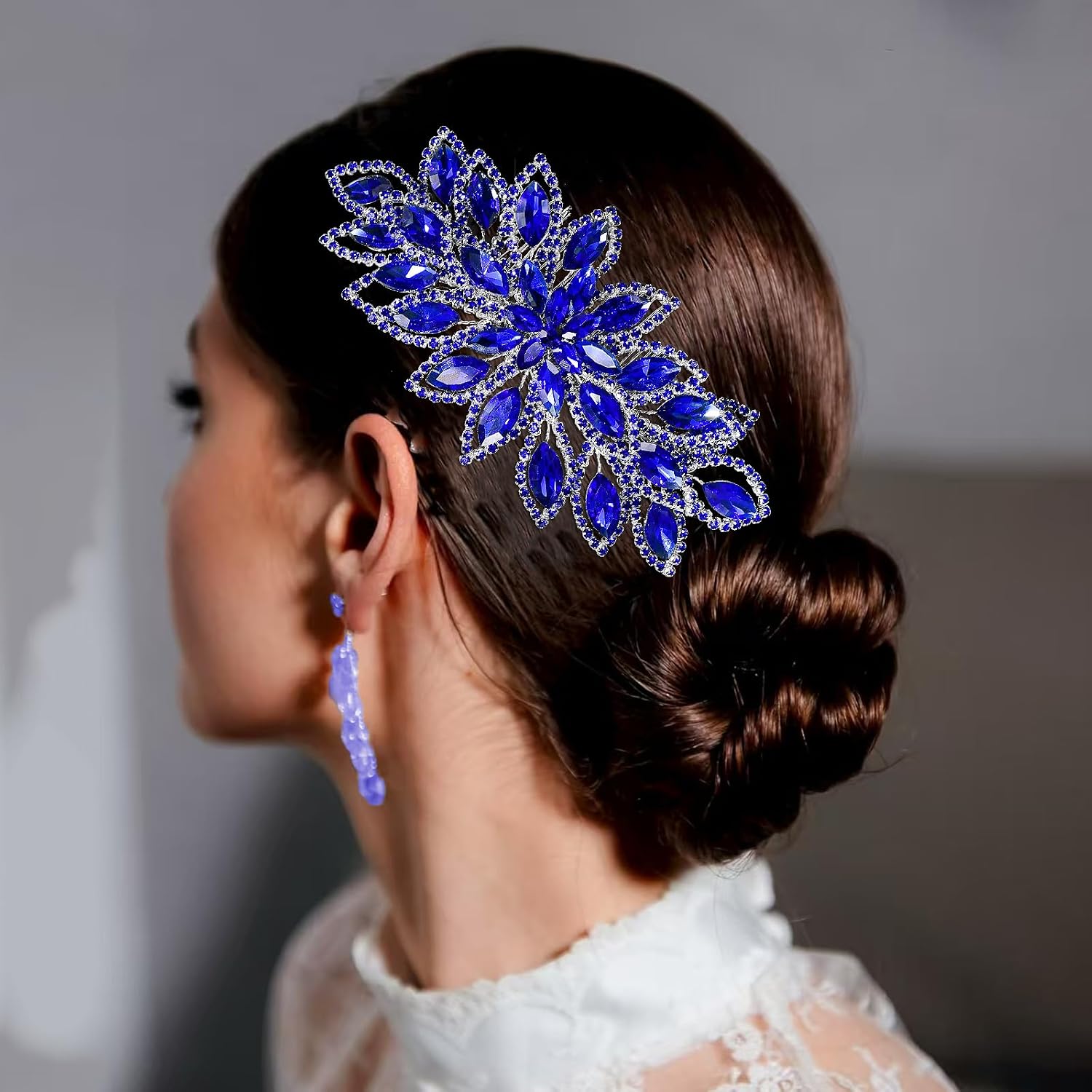 Luxury Bridal Hair Comb Wedding Rhinestone Hair Accessories Silver Leaf-Shaped Hairpiece for Party Headband for Woman (Blue)