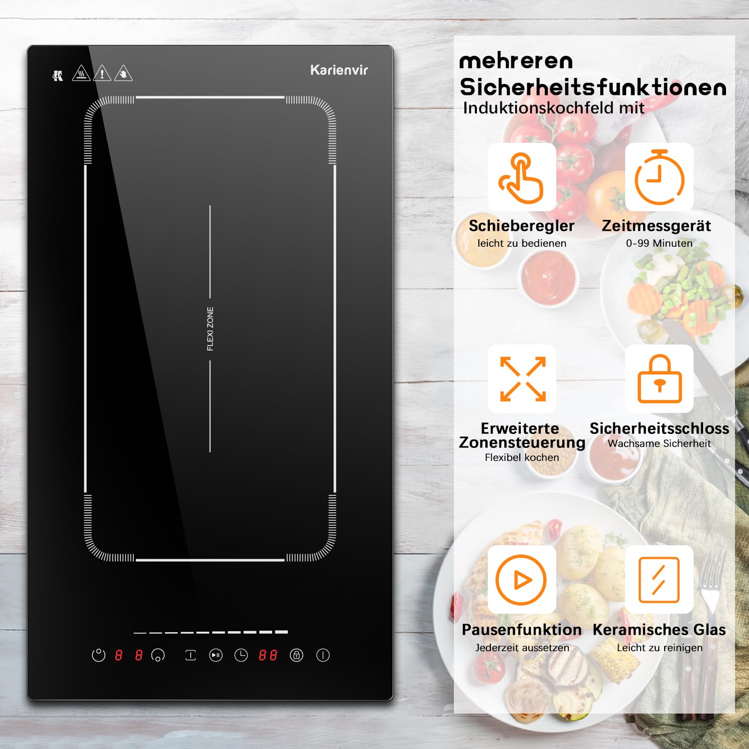 Karienvir Piano cottura a induzione 2 piastre 30 cm con spina, piano cottura a induzione integrato e piano di lavoro, cursore a induzione, regione di espansione, timer, blocco di sicurezza, pausa,
