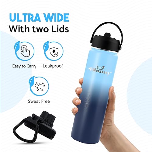Miniatura 5 de Bhumy Botellas de agua de acero inoxidable  Botella de agua aislada de acero inoxidable de doble pared de 24 onzas  Botella de agua con popote y 2