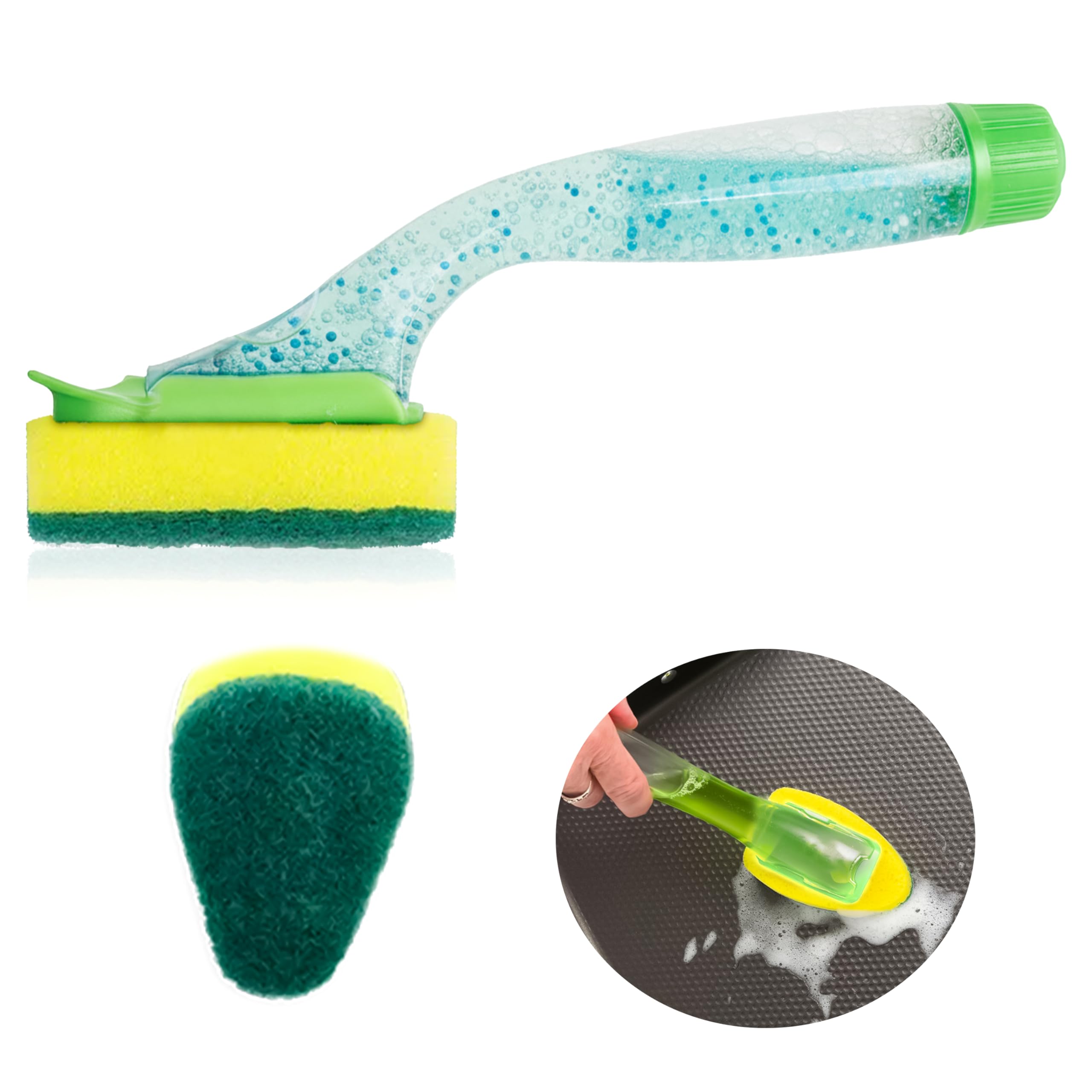 Soap Dispensing Washing Up Scrubber – Plastic Handle with Attached Sponge & Scouring Pad, Easy Liquid Dispensing for Effortless Dishwashing, Handheld Scrubber for Kitchen Cleaning