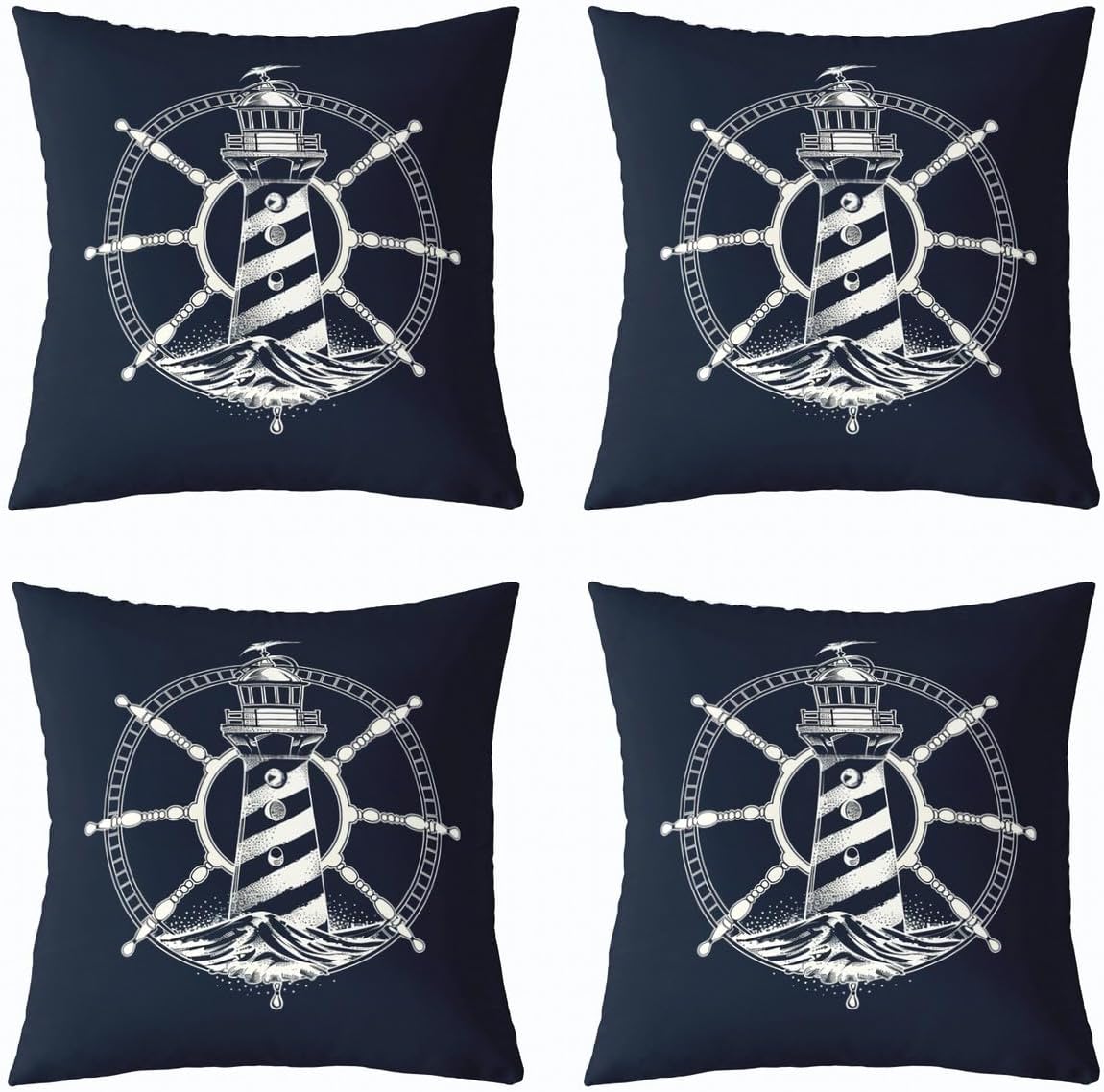 Pack of 2 Nautical Decorative Throw Pillow Covers, Soft Lighthouse Rudder Pattern Square Cushion Case Set for Couch Sofa Bedroom Living Room, Sea Adventure Pillow Cases Pillowcases, 22x22 Inches