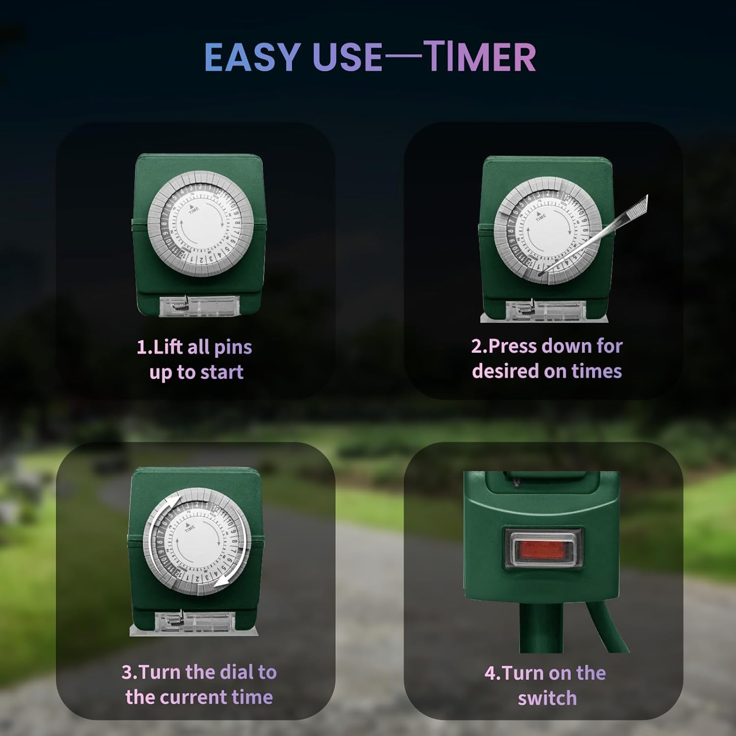 K KASONIC outdoor timer installed in grass, highlighting 6 AC outlets.