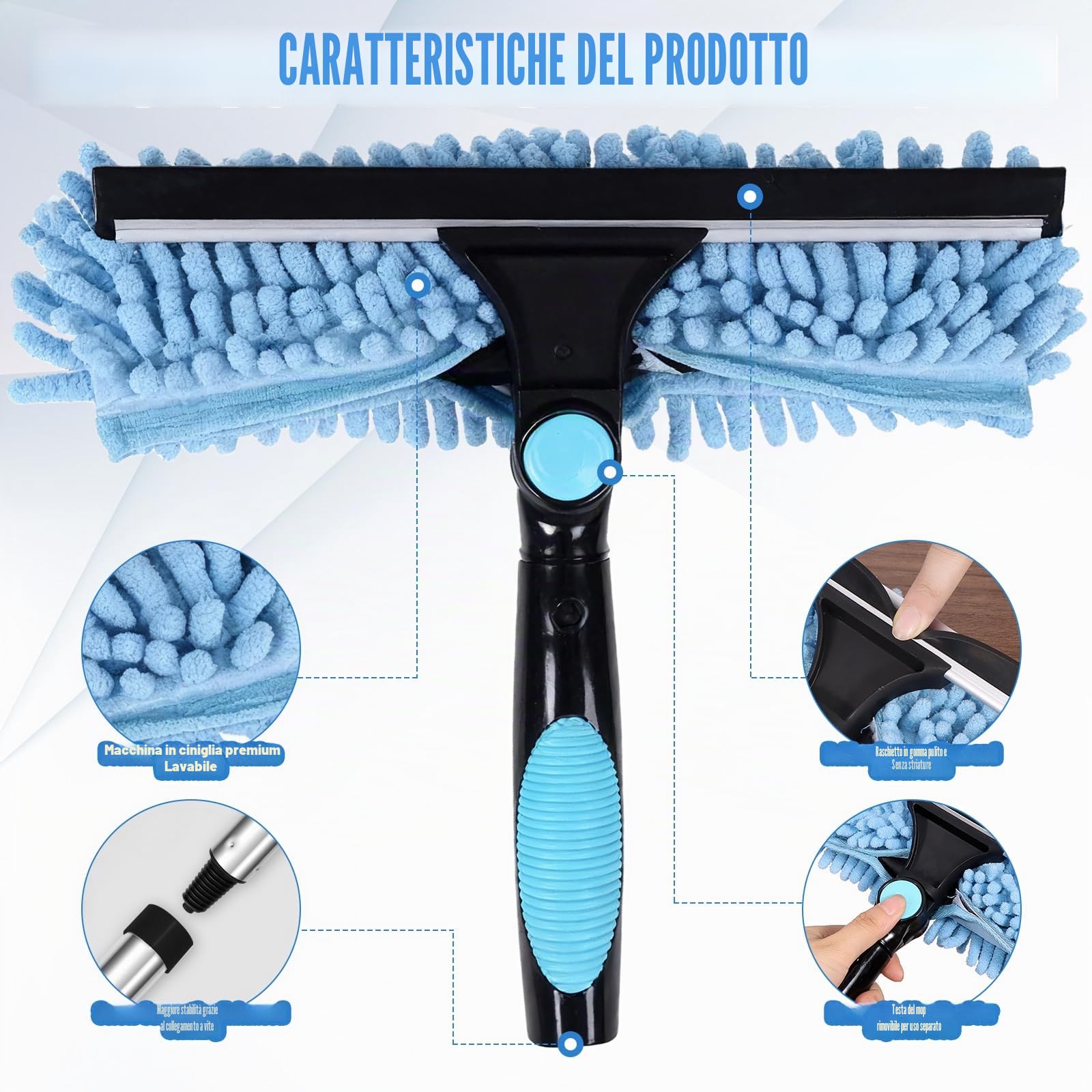 Kit Pulizia Vetri (asta 3,85 m), Tergivetro 2-in-1 con 10 aste telescopiche in acciaio inox, panni in microfibra e spazzole per fessure per finestre alte e vetri auto