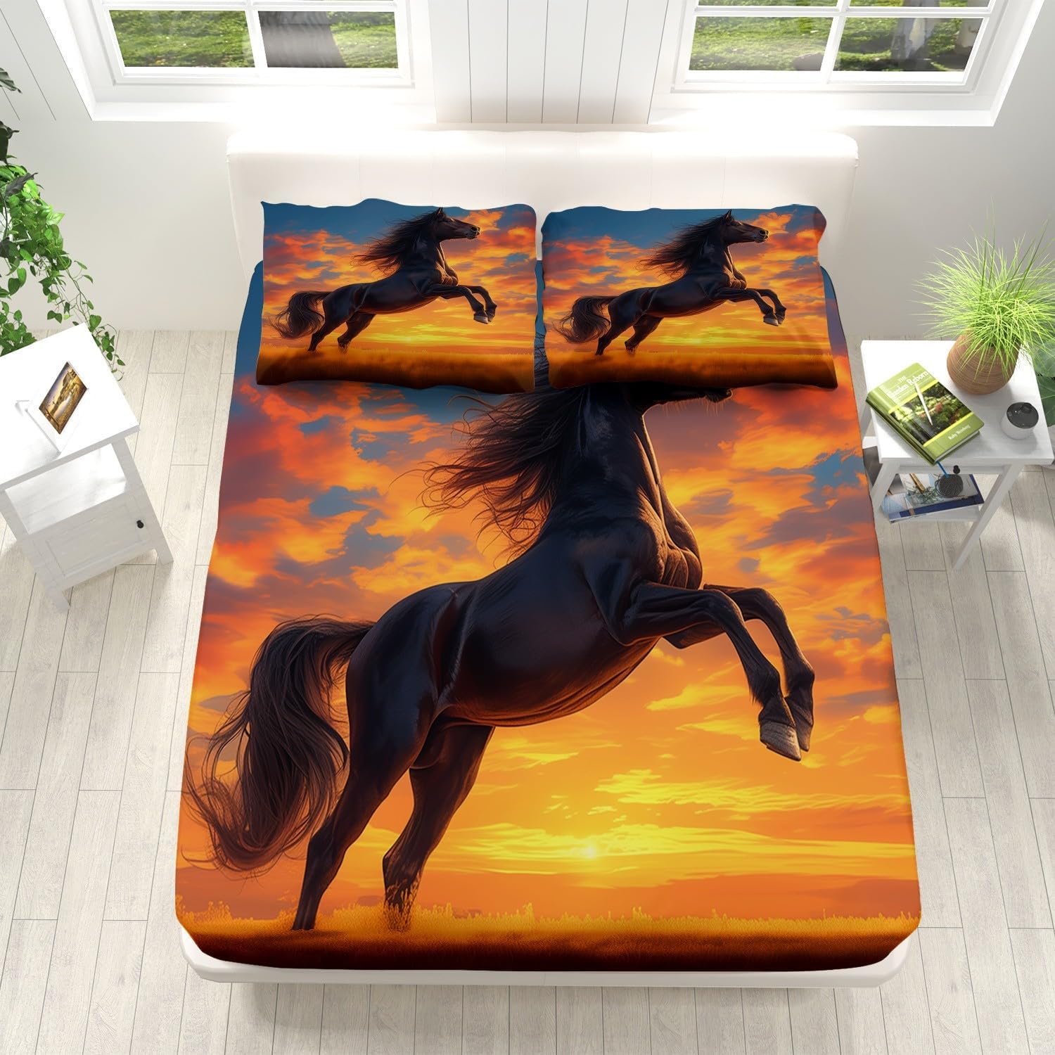 Print Fitted Sheet Set Twin Size for Kids Boys Girls, Bed Sheets Dark Horse Pattern Fitted Sheet Adults Flat Sheet Soft Luxury, Home Room Decor 4Pcs