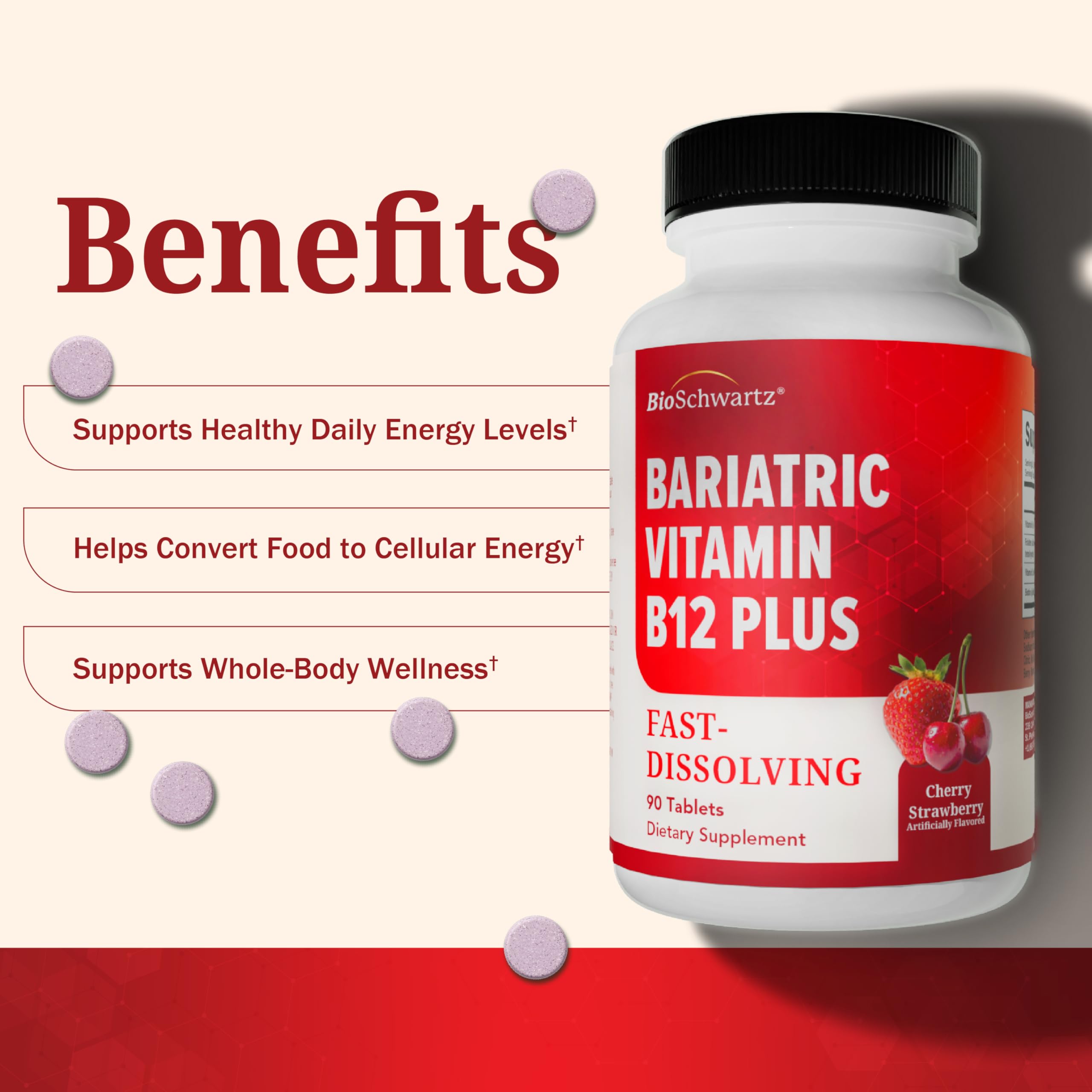 Bariatric B12 Plus Dissolvable Tablets - Cherry Strawberry Flavor, 90ct — Amazon image 4