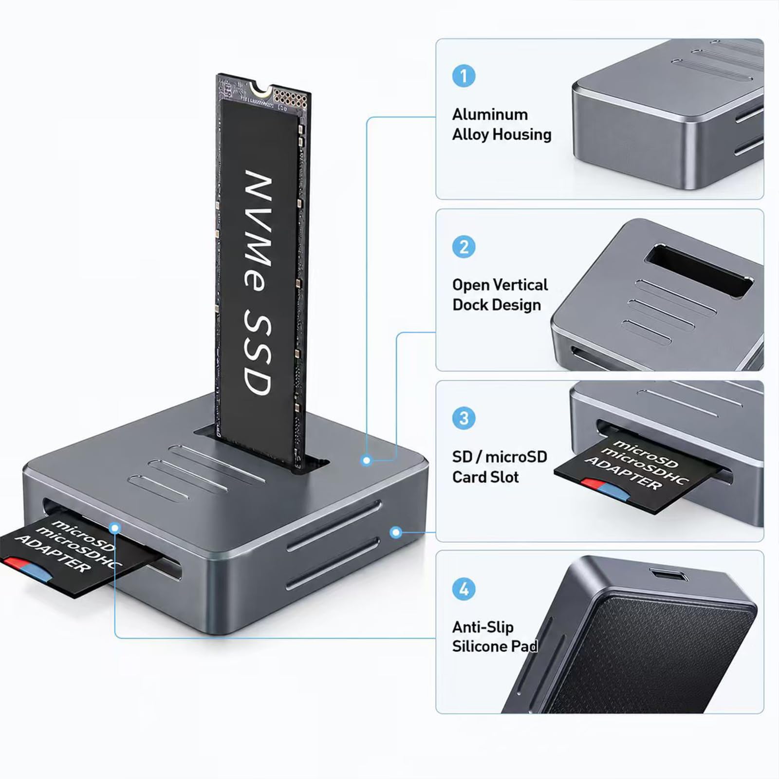 Adapter czytnika M.2 NVMe na USB z czytnikiem SD, aluminiowa obudowa NVMe M.2 SSD do stacji dokującej M.2 PCIe NVMe SSD