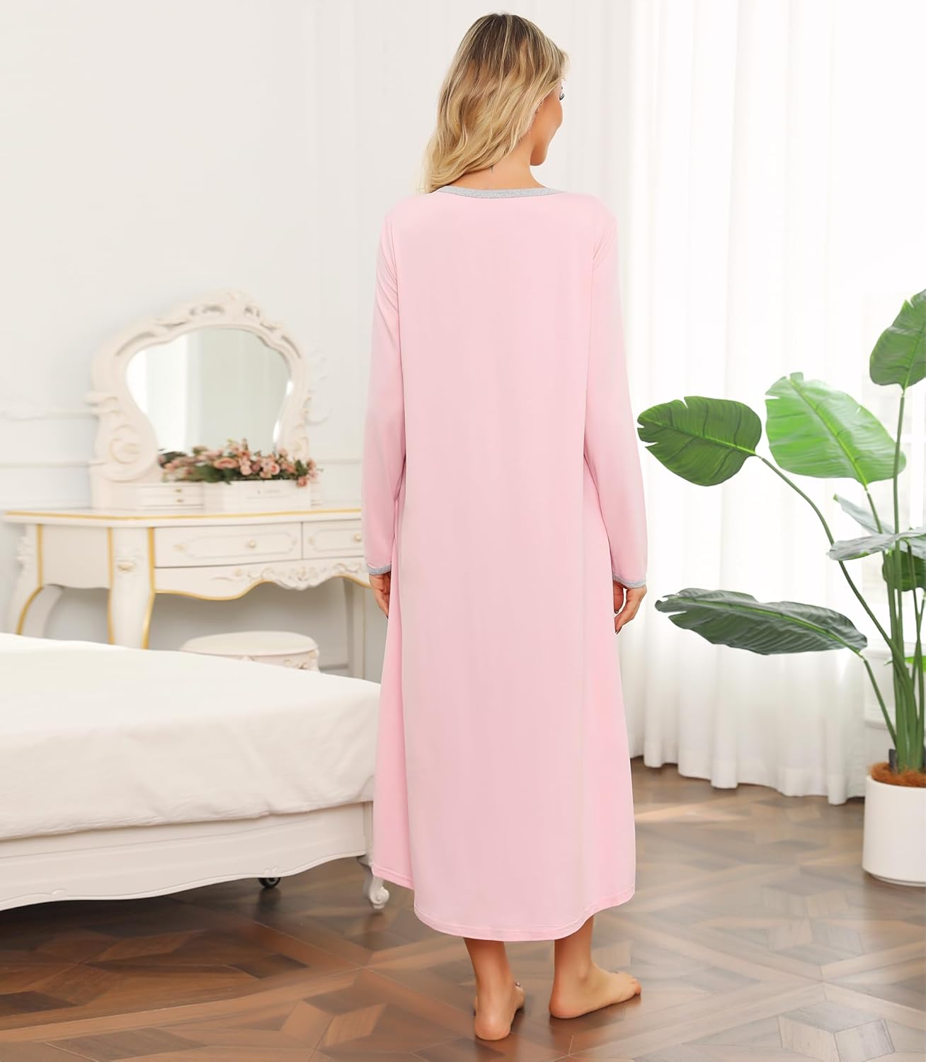 ENJOYNIGHT Womens Long Sleeve Nightgown V Neck Lounge Nightshirt Button Down Sleep Dress with Pockets - Image 5