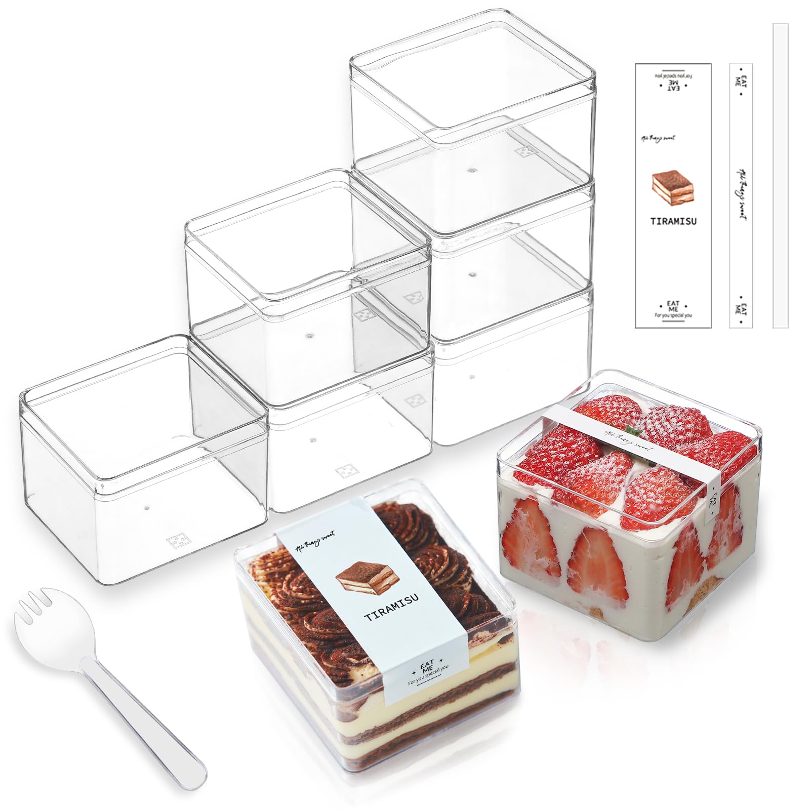 16 Pack 15OZ Square Clear Plastic Dessert Cups with Lids and Sporks&Stickers Disposable Fruit Cups for Dessert,Tiramisu container with lid,Cupcake,Parfait,Pudding,Iced Cold Drinks,Fruits,Bakeries