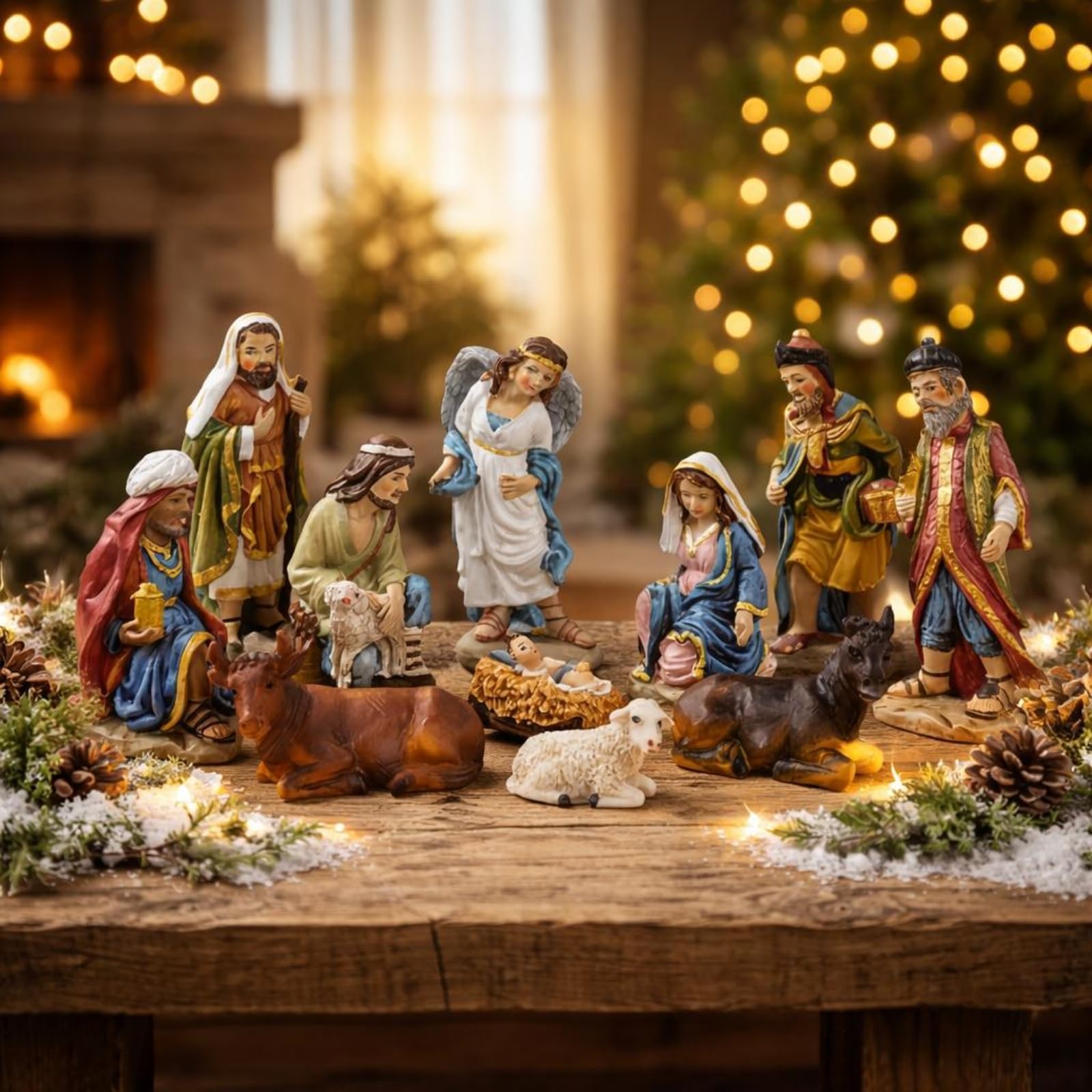 1 Krippenfiguren Set Miniatur Krippenszene Krippenstall Figuren Tiere Krippenensemble aus Kunstharz mit Harmonischer Komposition für Kleine Flächen, Bunt