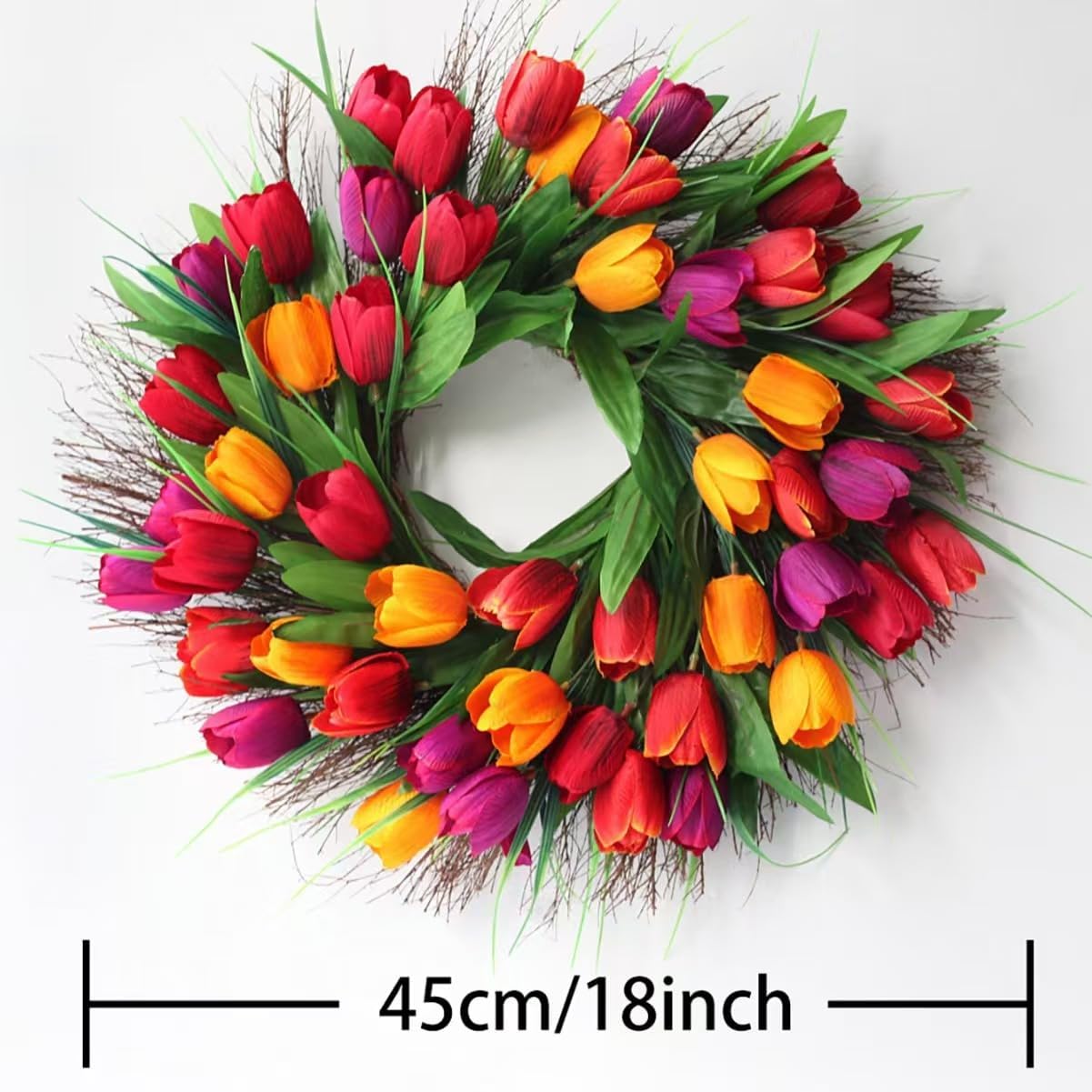 tulip wreath for front door, 18 inch spring fall red tulip flower wreath with green leaves wreaths for all seasons window wall wedding holiday party farmhouse decorations indoor outdoor