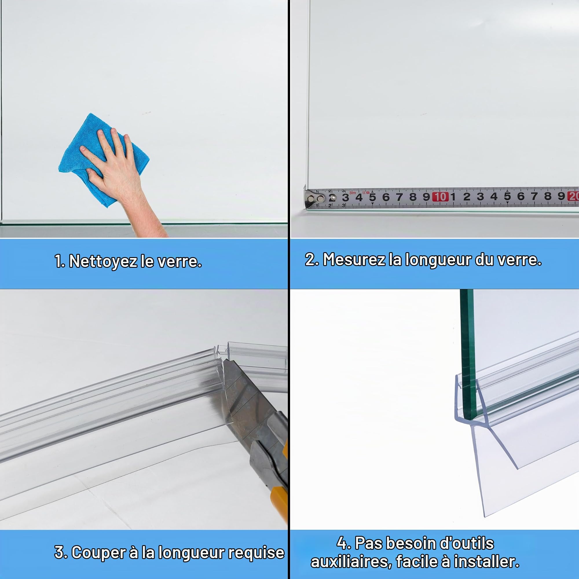 Lot de 2 joints d'étanchéité pré-courbés de 90 cm pour porte de douche en verre incurvé de 4 à 6 mm, jusqu'à 20 mm d'espace
