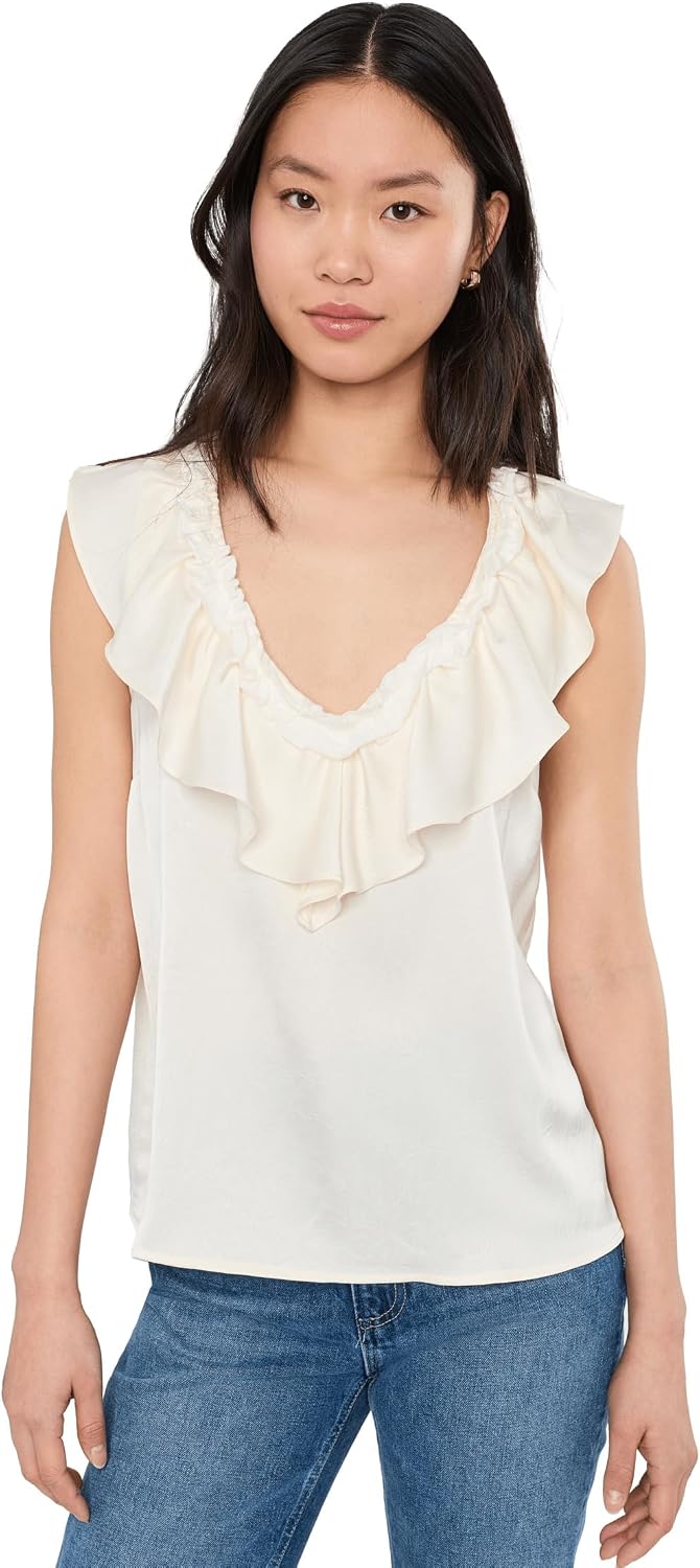 Liverpool Los Angeles Women's Ruffle Front Sleeveless Woven to Knit Top