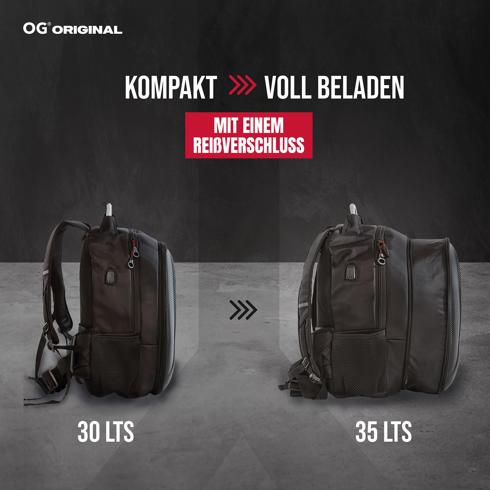 OG Original GetAway Motorrad Rucksack Wasserdicht, Herren, Hartschale, Grosse Kapazität, Erweiterbar 35L/45L, Motorradhelm Tasche, Helmtrageriemen, Anti-Diebstahl, Reflektierend, Laptop