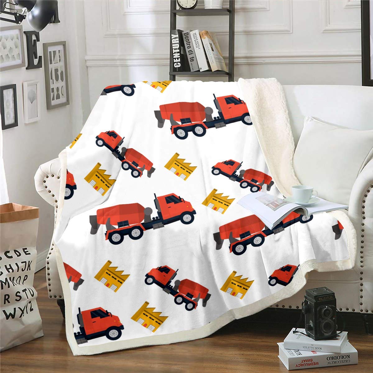 Loussiesd Coperta in pile per bambini con cartoni animati e auto Sherpa per bambini, coperta in pile con stampa di camion; coperta per divano letto, 150 x 180 cm