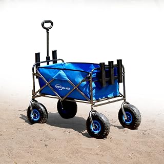 Beach Wagon with 13‘’ Balloon Wheels, Collapsible Cart with Big Wheels for Sand, Heavy Duty 300 lbs Capacity, Folds Thin with Quick-Release Forks (Rod Holder Model, 10'' Rubber Tire)